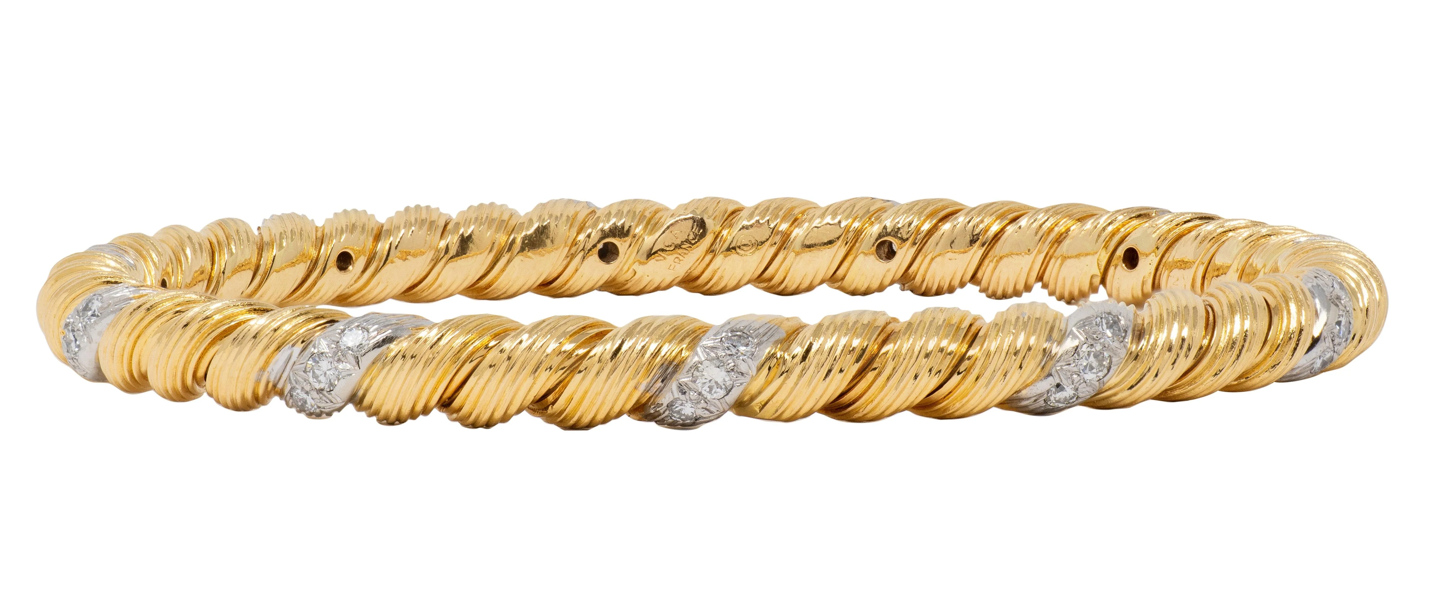 Van Cleef & Arpels 1960's Diamond 18 Karat Yellow Gold Platinum Vintage Twisted Bangle Bracelet - Image 9