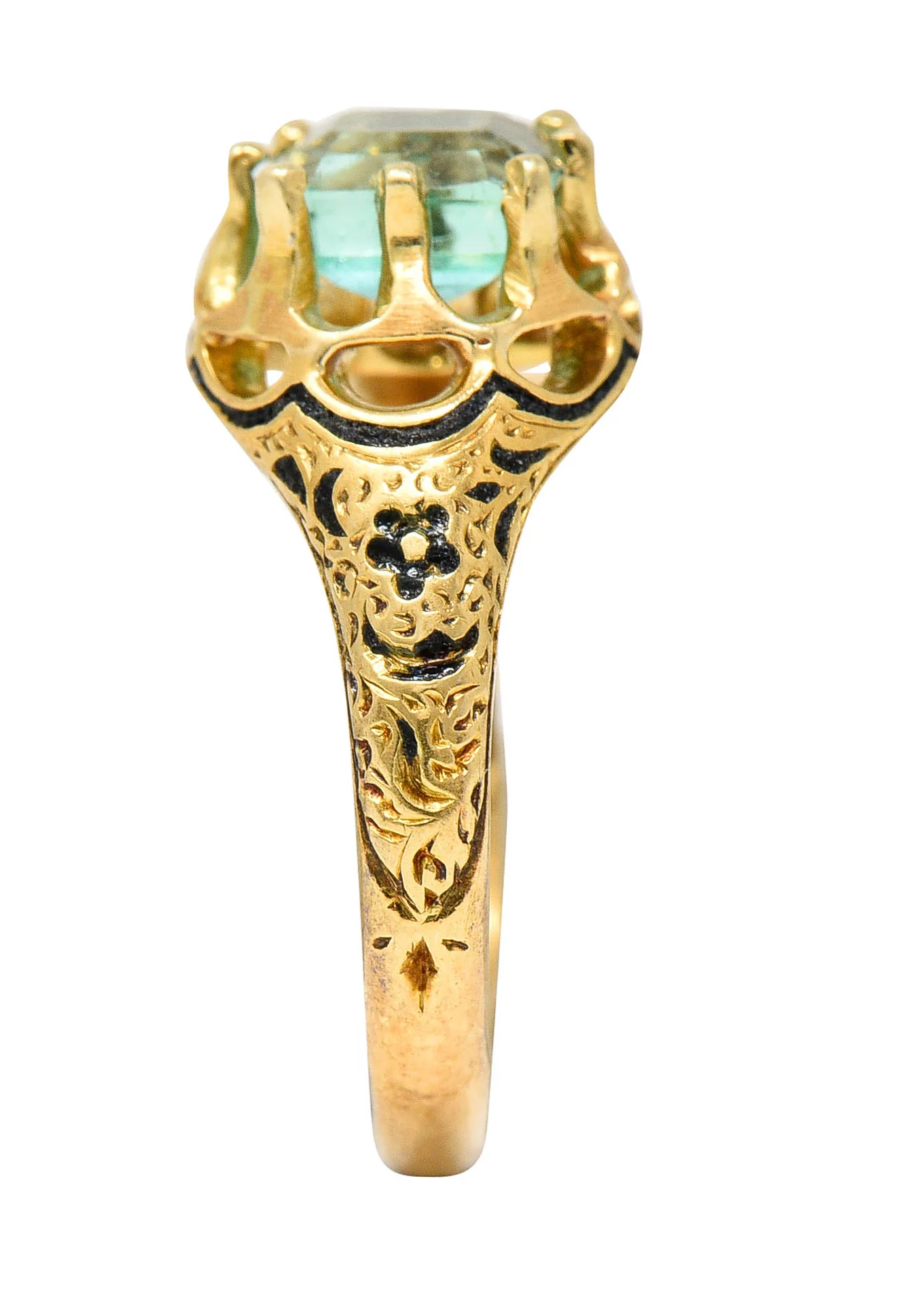 Victorian 0.90 CTW Emerald Enamel 14 Karat Yellow Gold Floral Ring - Image 10