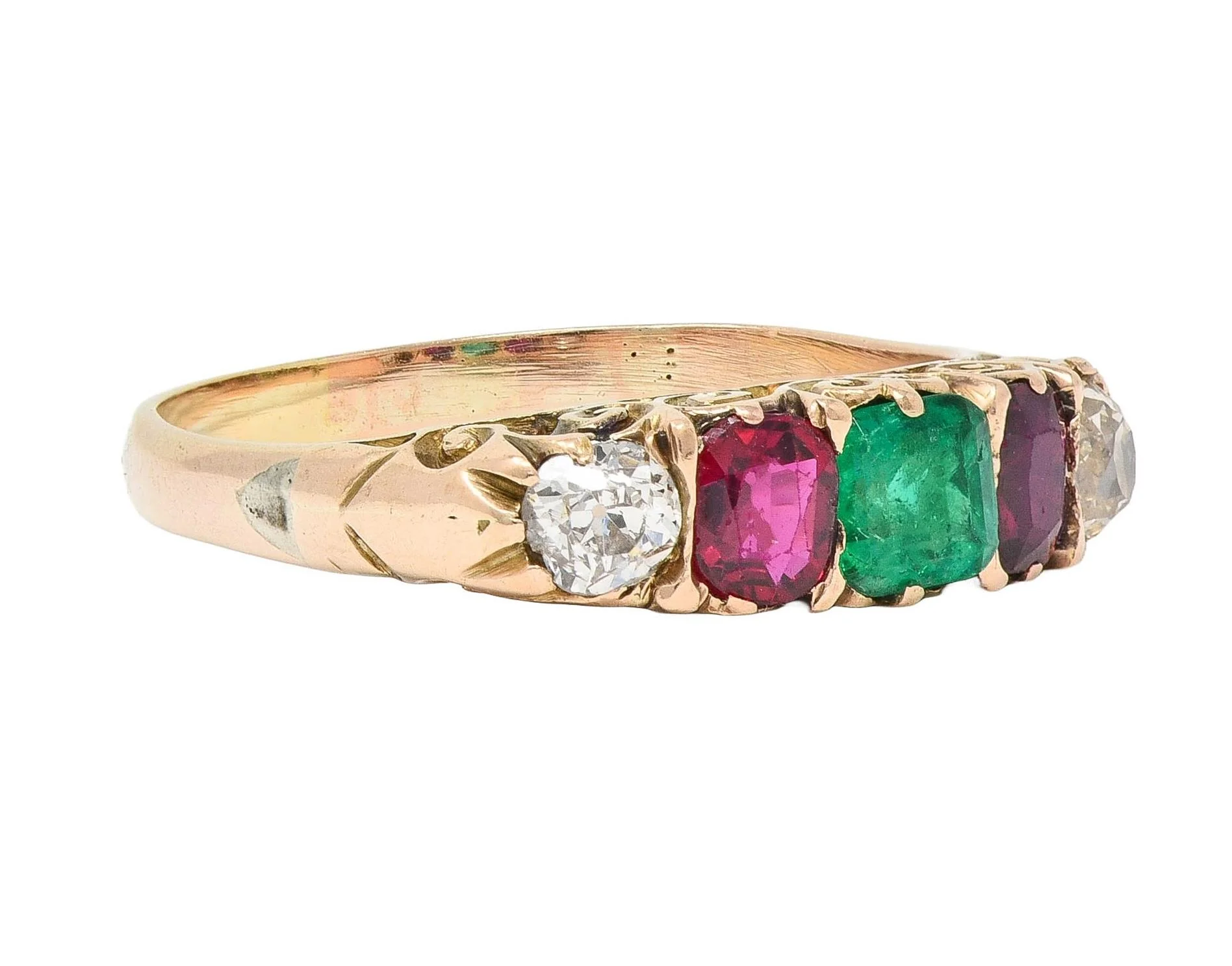 Victorian 1.10 CTW Ruby Emerald Diamond 14 Karat Yellow Gold Antique Five Stone Band Ring - Image 2