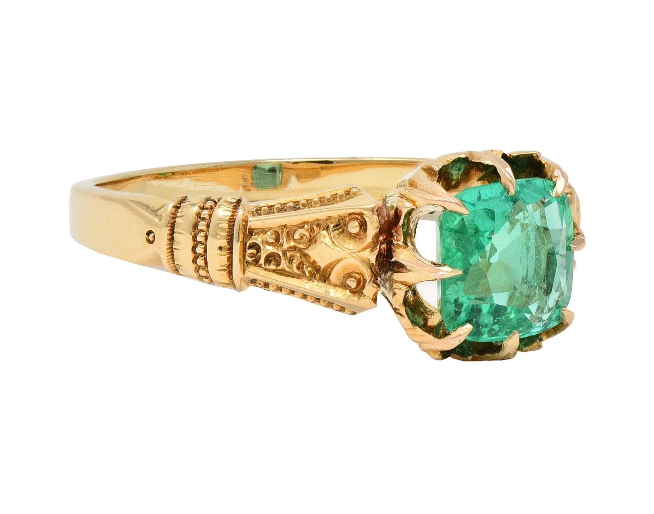 Victorian 1.20 CTW Cushion Cut Emerald 18 Karat Yellow Gold Antique Belcher Ring - Image 2