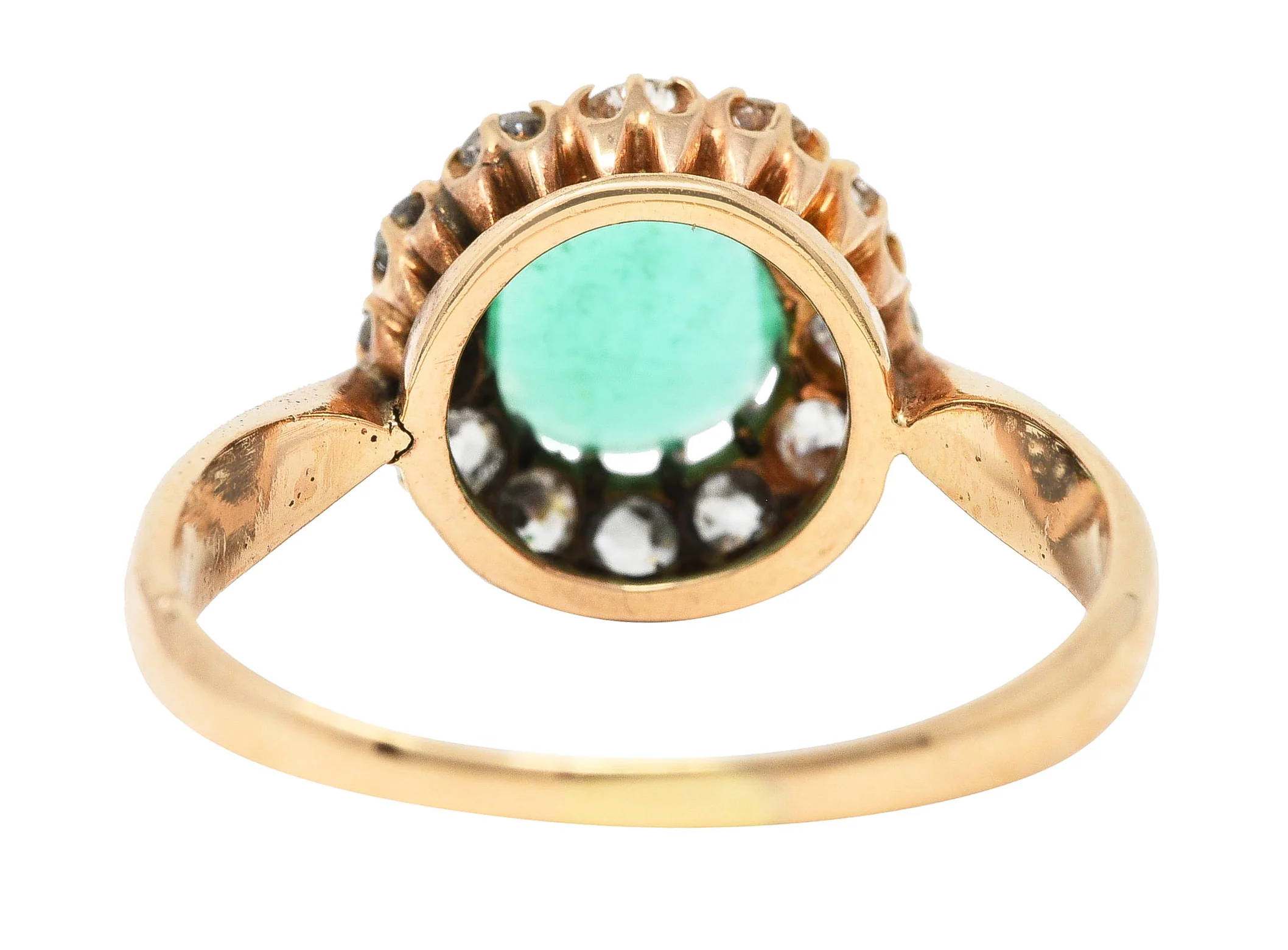 Victorian 1.33 CTW Cushion Cut Emerald Old Mine Cut Diamond 14 Karat Yellow Gold Antique Ring - Image 4