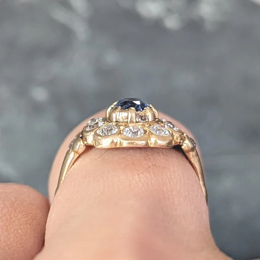 Victorian 1.37 CTW Sapphire Diamond 14 Karat Yellow Gold Antique Halo Ring - Image 14
