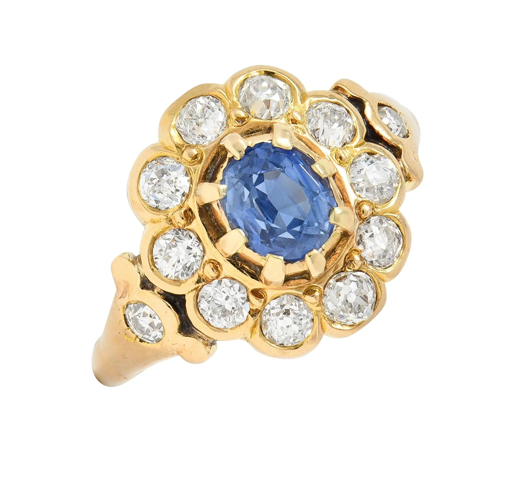 Victorian 1.37 CTW Sapphire Diamond 14 Karat Yellow Gold Antique Halo Ring - Image 6