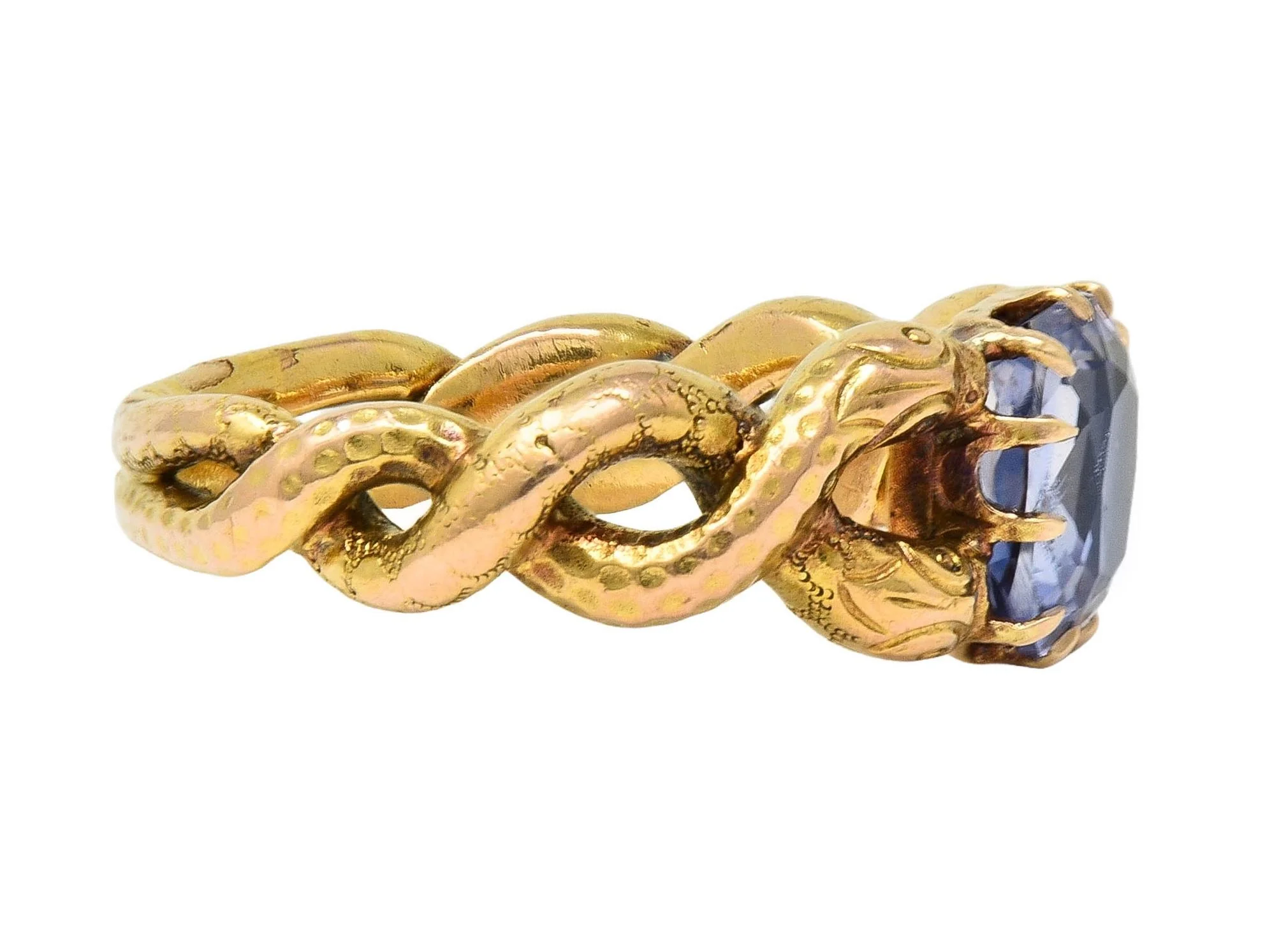Victorian 1.92 CTW Sapphire 14 Karat Yellow Gold Antique Love Knot Unisex Snake Ring - Image 3