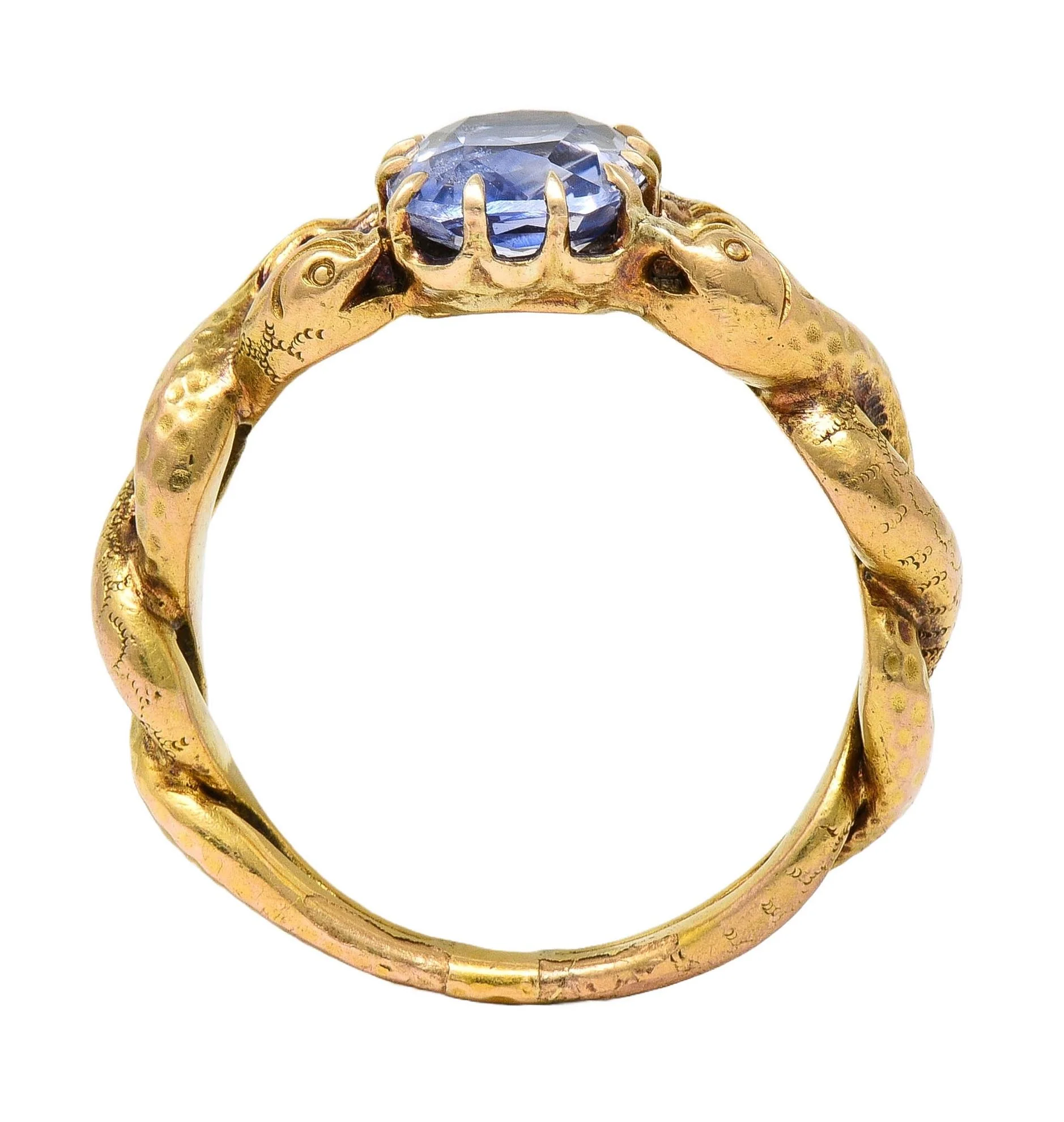 Victorian 1.92 CTW Sapphire 14 Karat Yellow Gold Antique Love Knot Unisex Snake Ring - Image 8