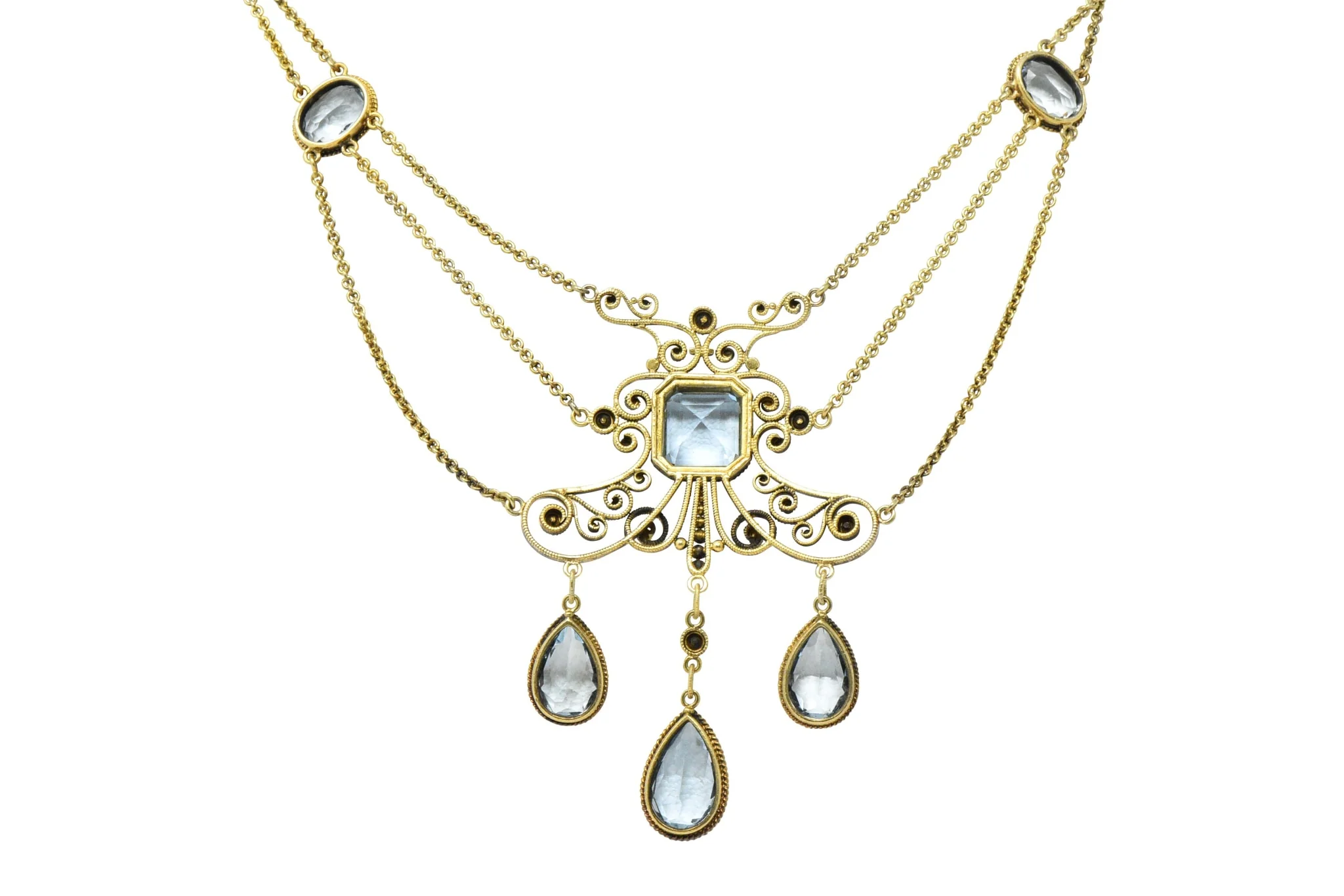 Victorian 10.00 CTW Aquamarine Seed Pearl 14 Karat Gold Swag Necklace - Image 9