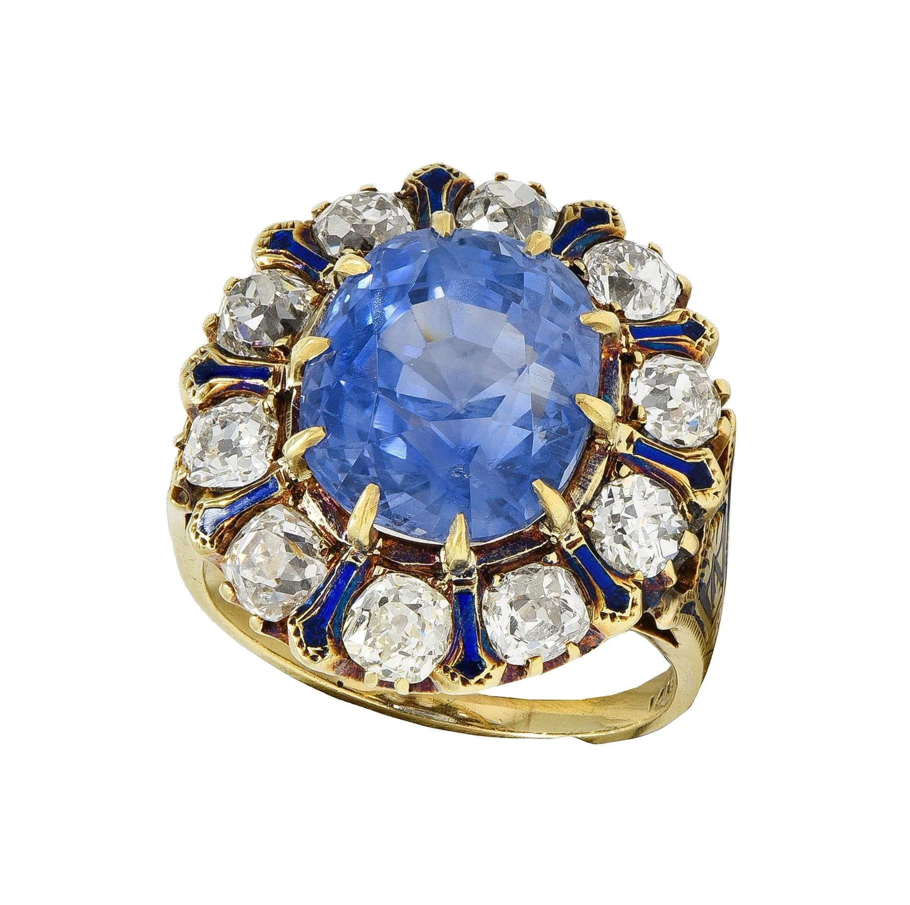 Victorian 11.06 CTW No Heat Ceylon Sapphire Diamond Enamel 14 Karat Yellow Gold Antique Halo Ring GIA - Image 10