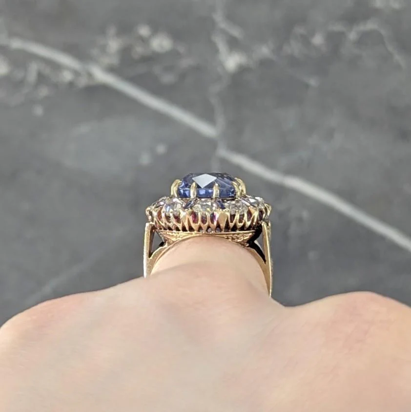Victorian 11.06 CTW No Heat Ceylon Sapphire Diamond Enamel 14 Karat Yellow Gold Antique Halo Ring GIA - Image 12
