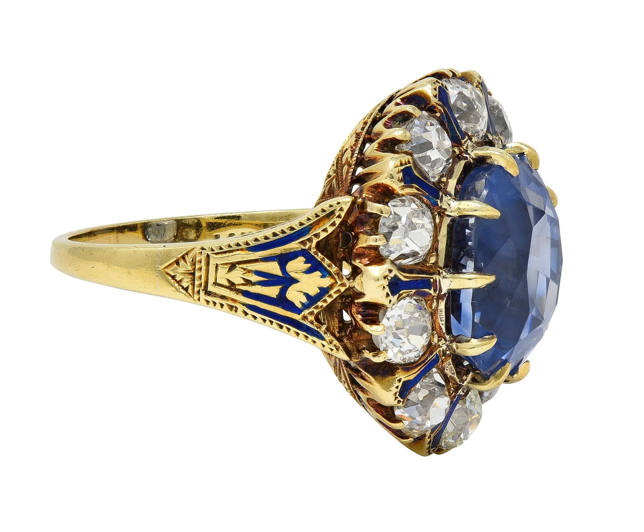 Victorian 11.06 CTW No Heat Ceylon Sapphire Diamond Enamel 14 Karat Yellow Gold Antique Halo Ring GIA - Image 3
