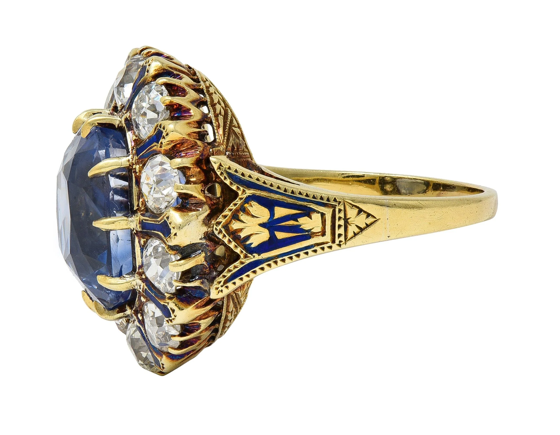 Victorian 11.06 CTW No Heat Ceylon Sapphire Diamond Enamel 14 Karat Yellow Gold Antique Halo Ring GIA - Image 5