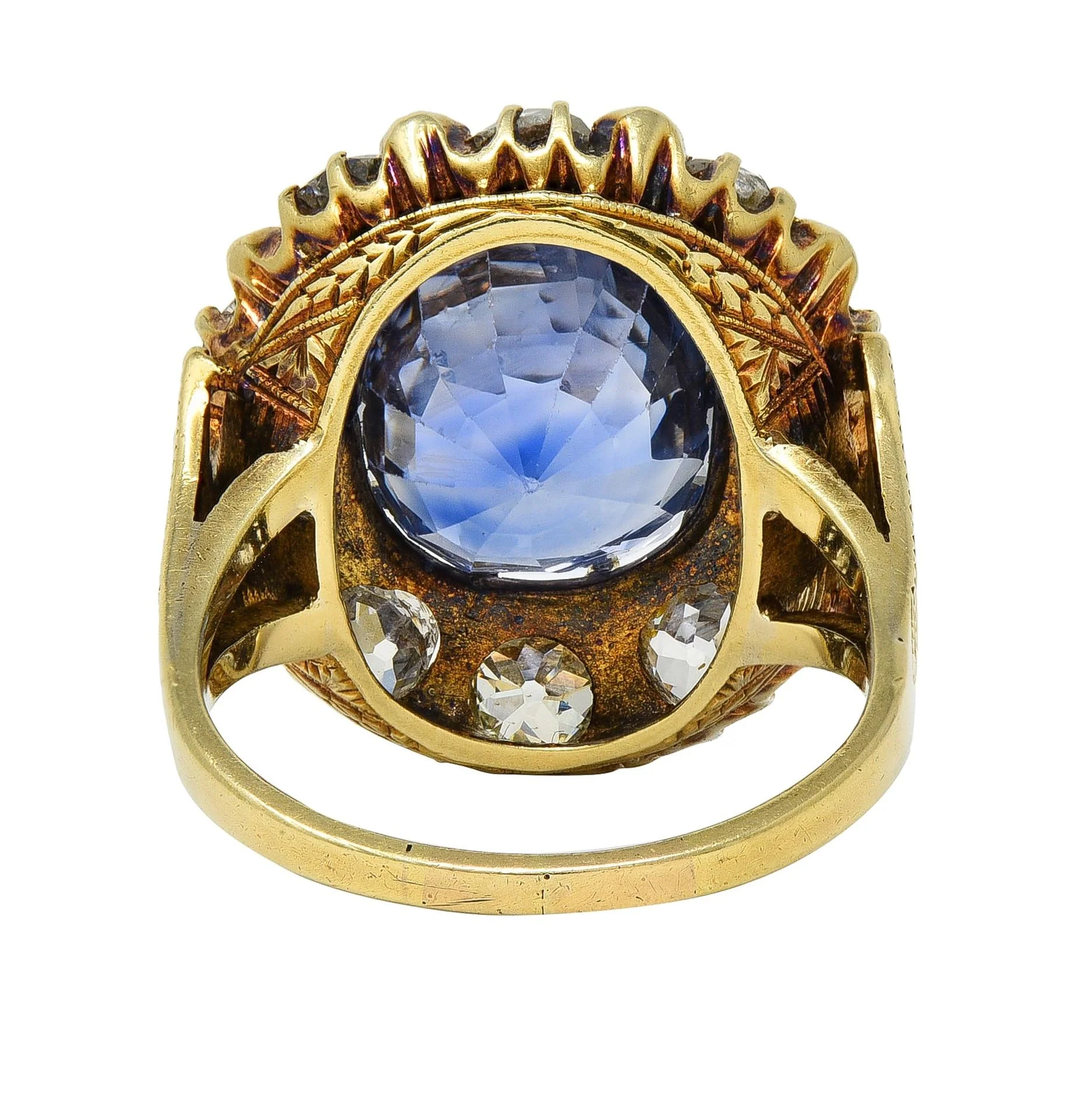 Victorian 11.06 CTW No Heat Ceylon Sapphire Diamond Enamel 14 Karat Yellow Gold Antique Halo Ring GIA - Image 7