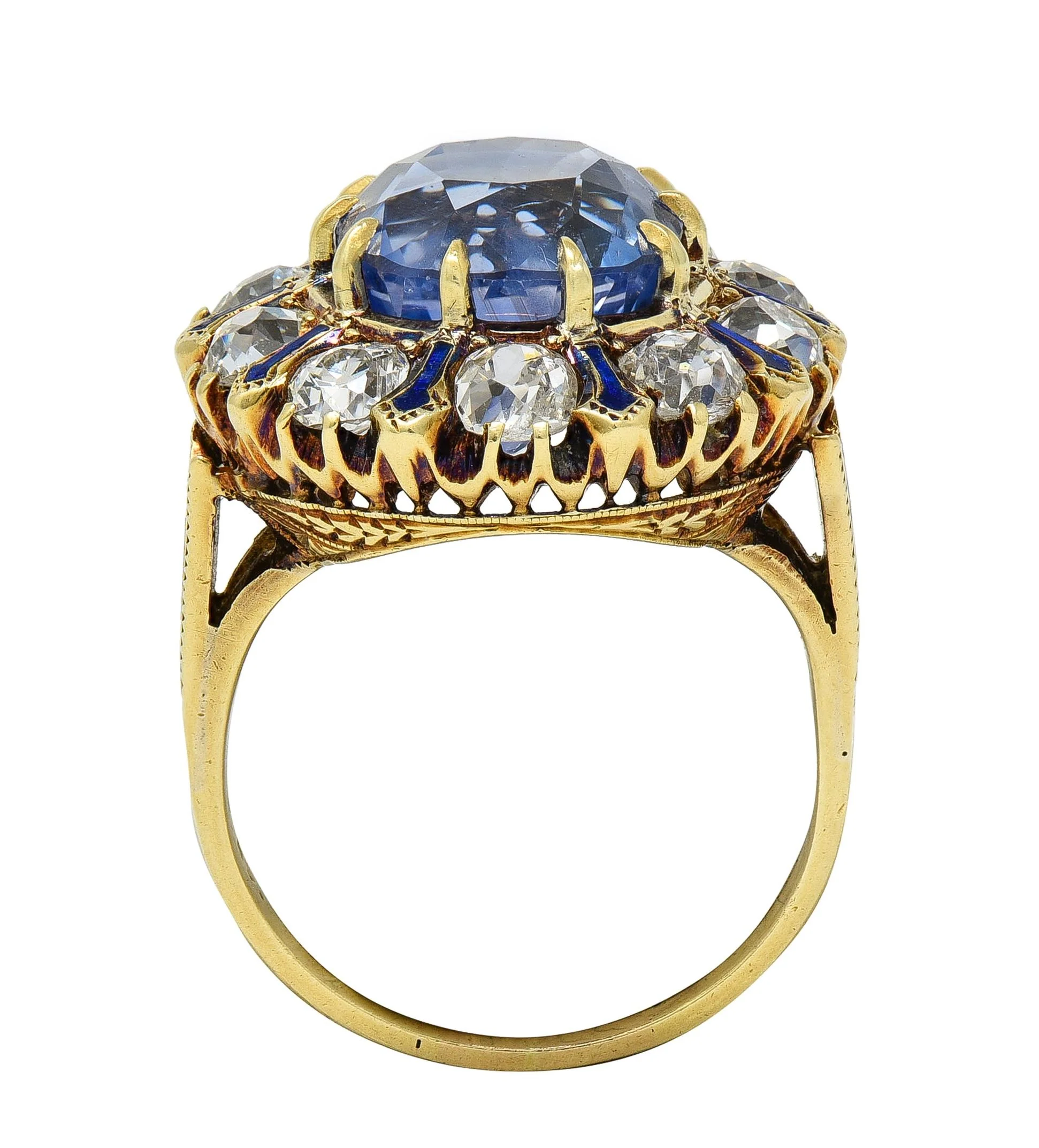Victorian 11.06 CTW No Heat Ceylon Sapphire Diamond Enamel 14 Karat Yellow Gold Antique Halo Ring GIA - Image 8
