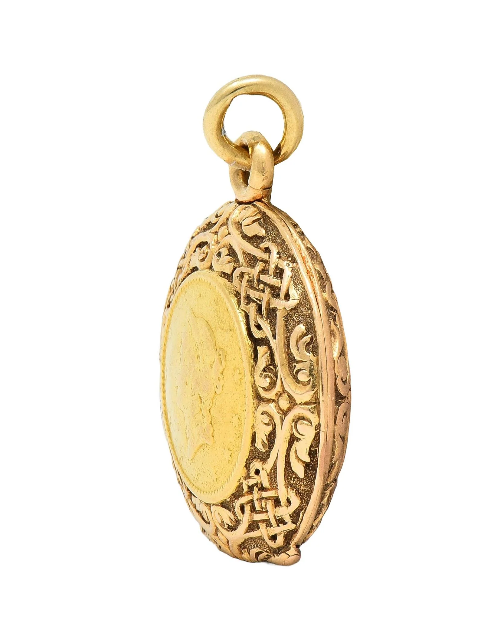 Victorian 14 Karat Rose Gold 1853 US Liberty Dollar Coin Antique Celtic Locket Pendant - Image 3