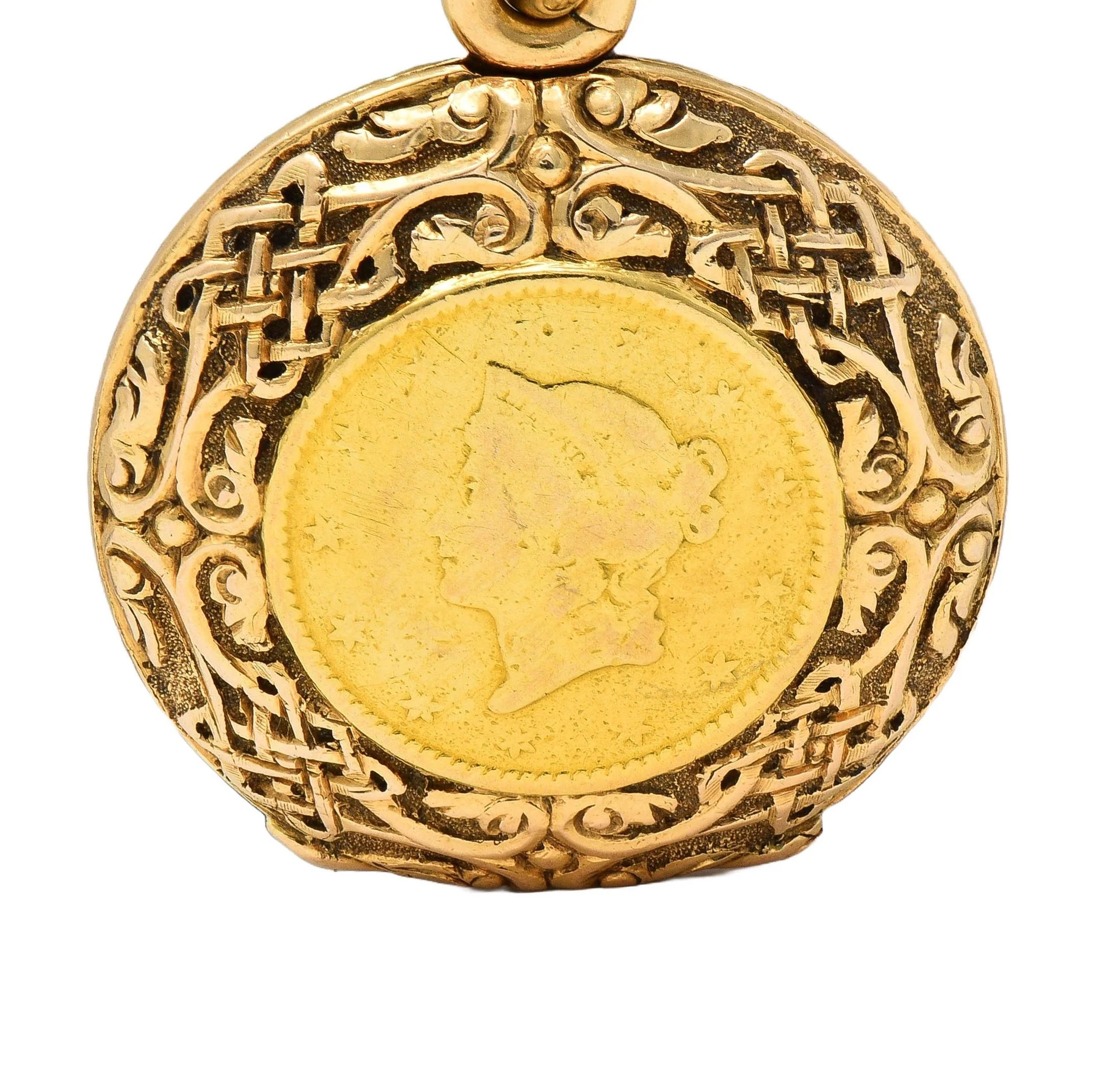 Victorian 14 Karat Rose Gold 1853 US Liberty Dollar Coin Antique Celtic Locket Pendant - Image 7