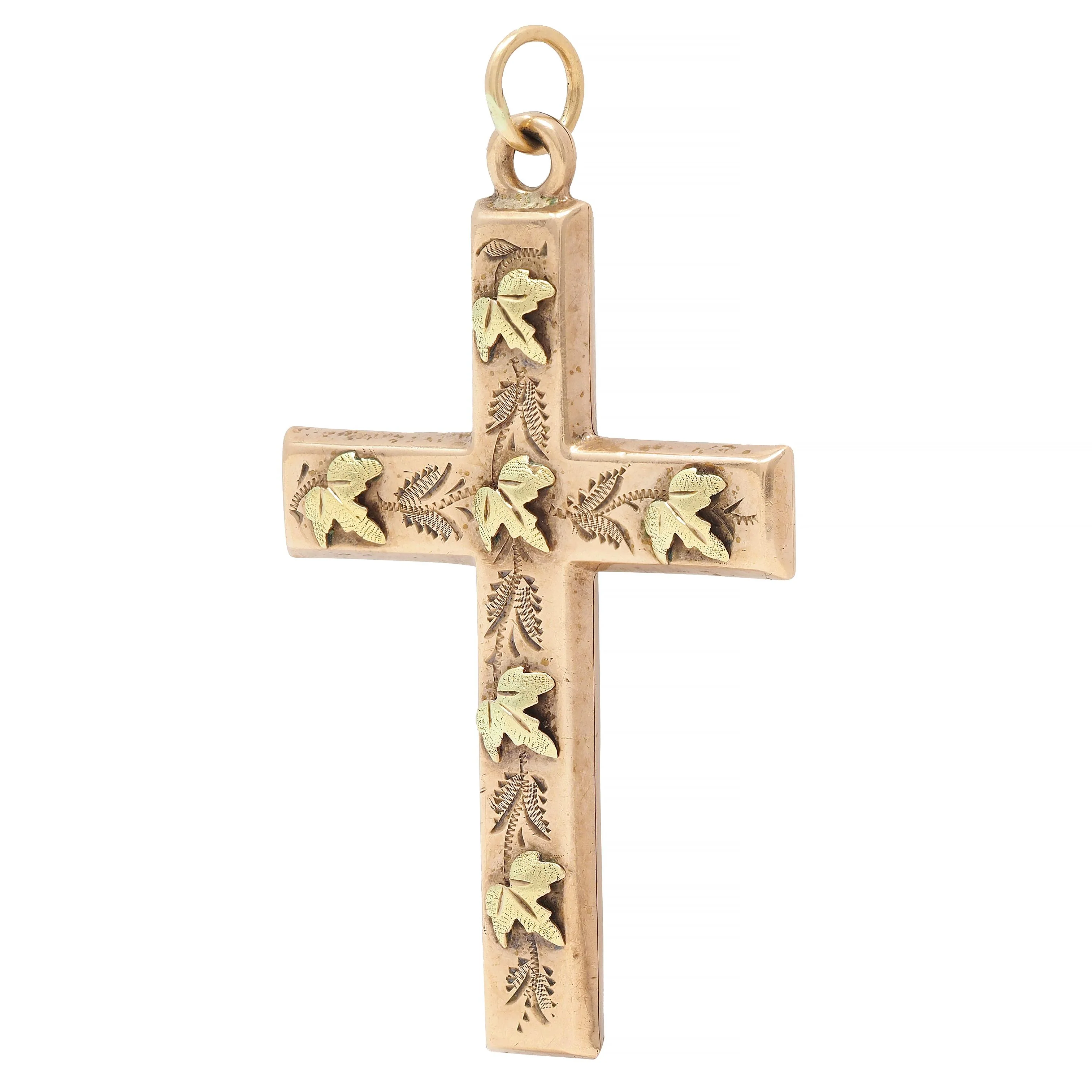 Victorian 14 Karat Rose Green Two-Tone Gold Grape Leaf Antique Cross Pendant - Image 4