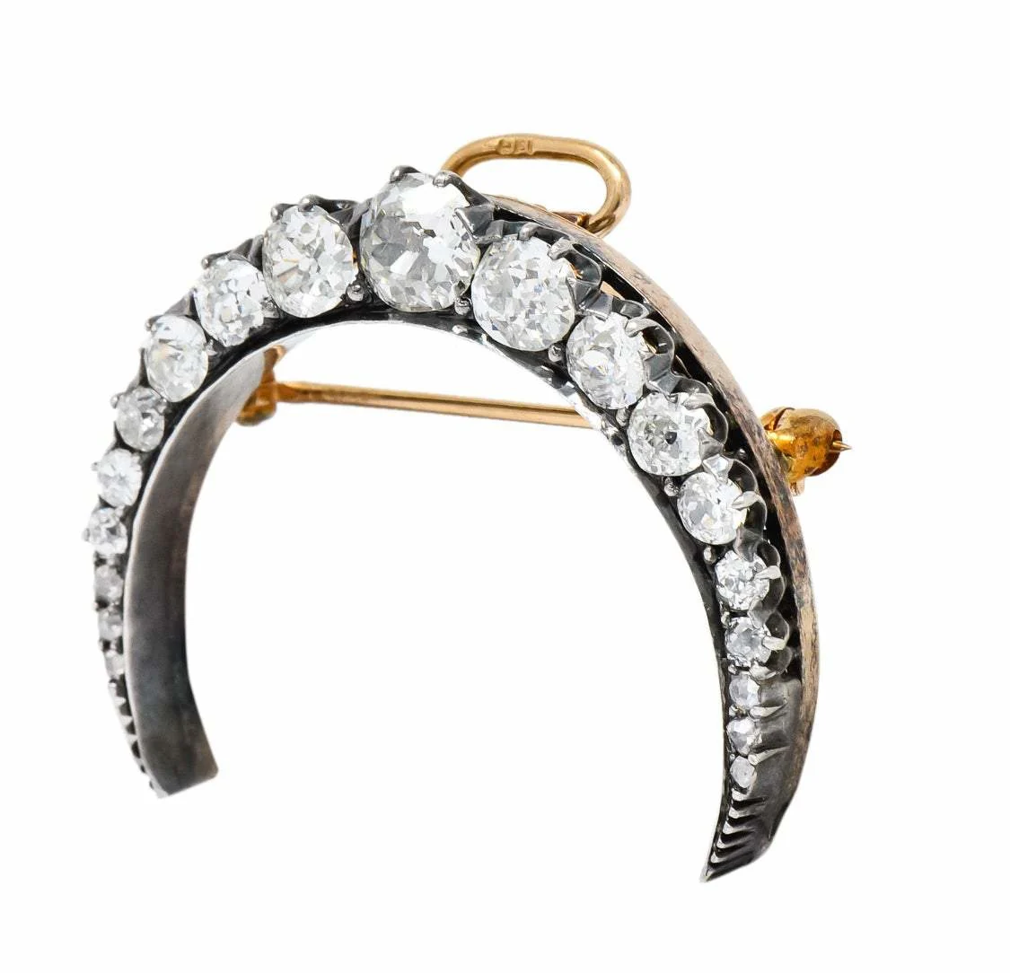 Victorian 2.00 CTW Diamond Silver-Topped 14 Karat Gold Honeymoon Crescent Pendant Brooch - Image 3