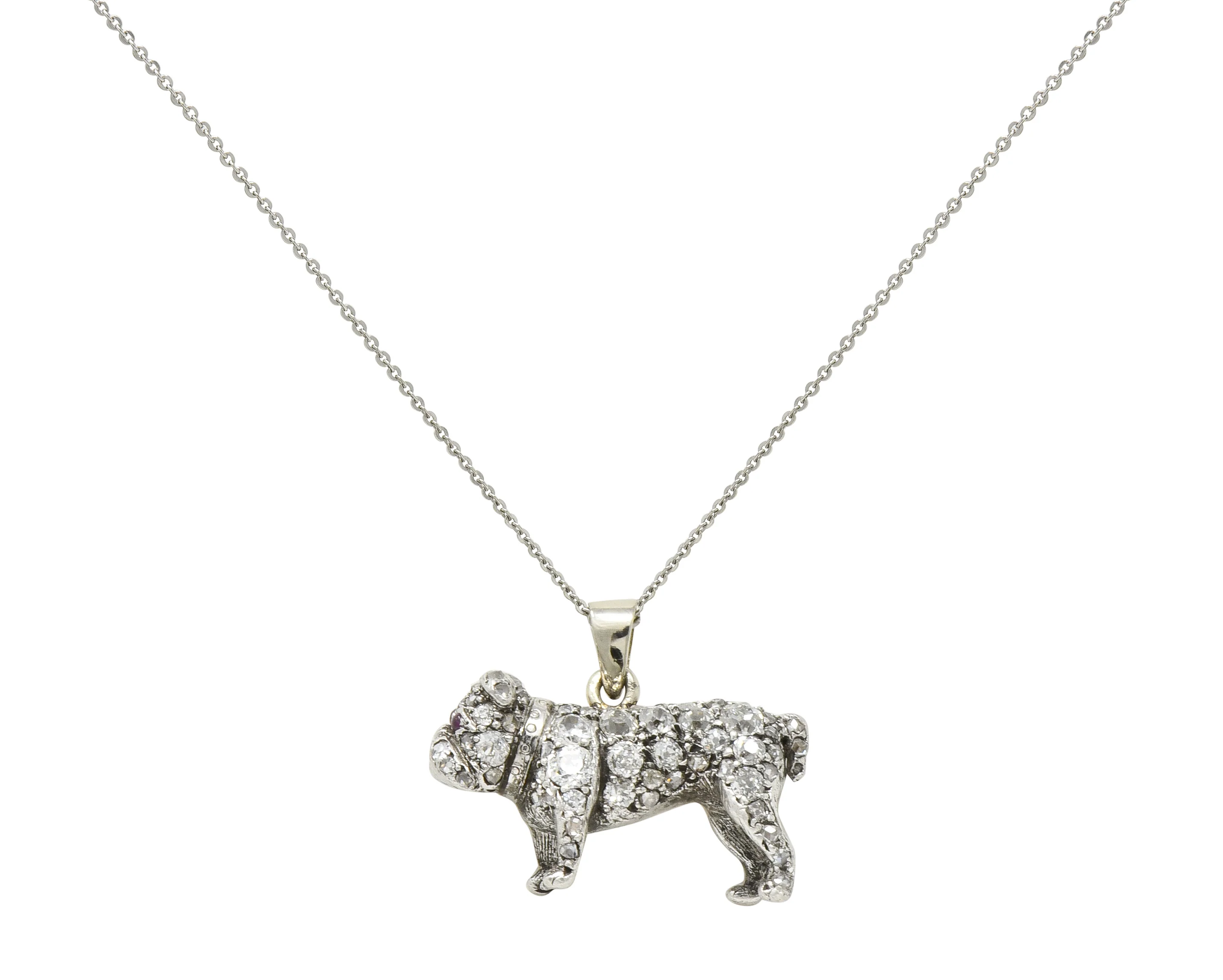 Victorian 2.10 CTW Pave Diamond Silver-Topped Gold Bulldog Pendant Necklace - Image 11