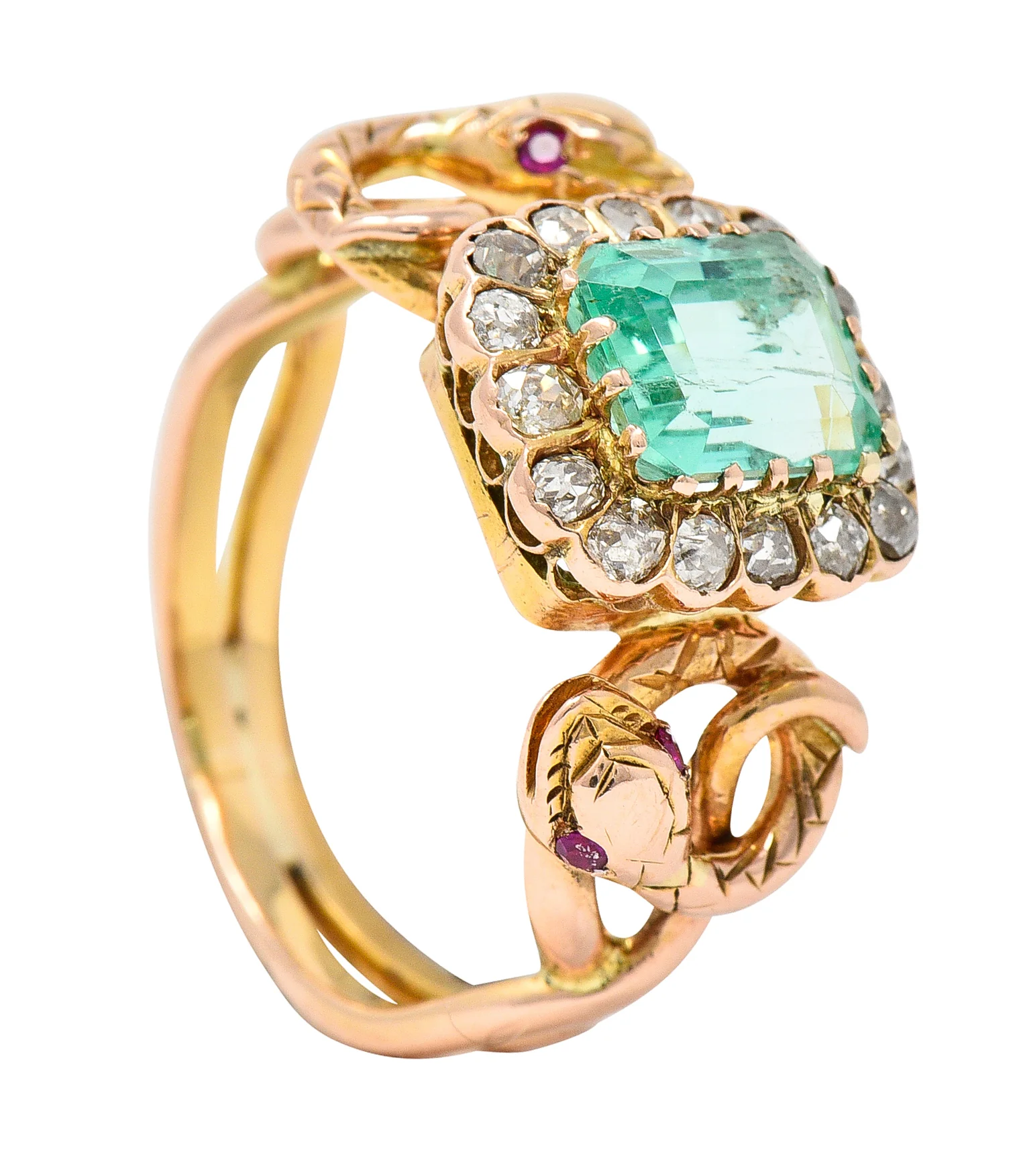 Victorian 2.46 CTW Emerald Old Mine Cut Diamond 18 Karat Rose Gold Snake Antique Halo Ring - Image 13