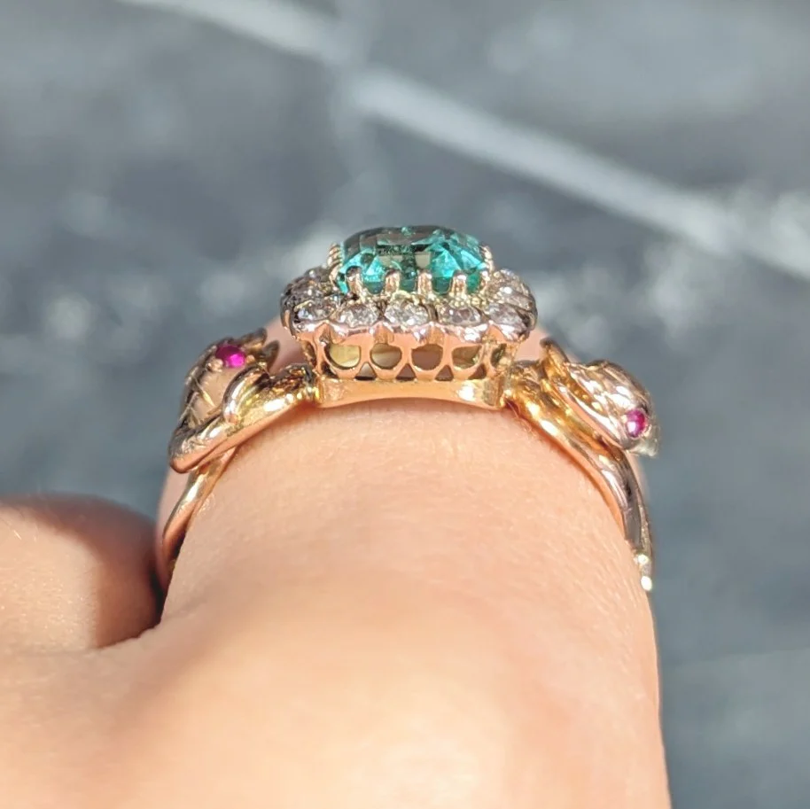 Victorian 2.46 CTW Emerald Old Mine Cut Diamond 18 Karat Rose Gold Snake Antique Halo Ring - Image 15