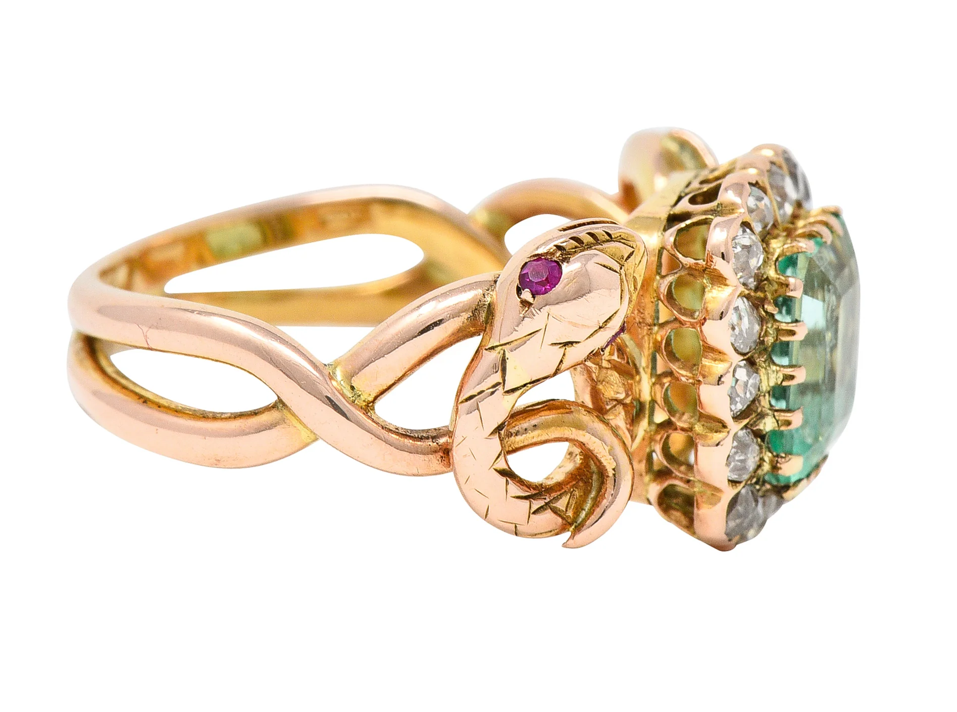 Victorian 2.46 CTW Emerald Old Mine Cut Diamond 18 Karat Rose Gold Snake Antique Halo Ring - Image 3