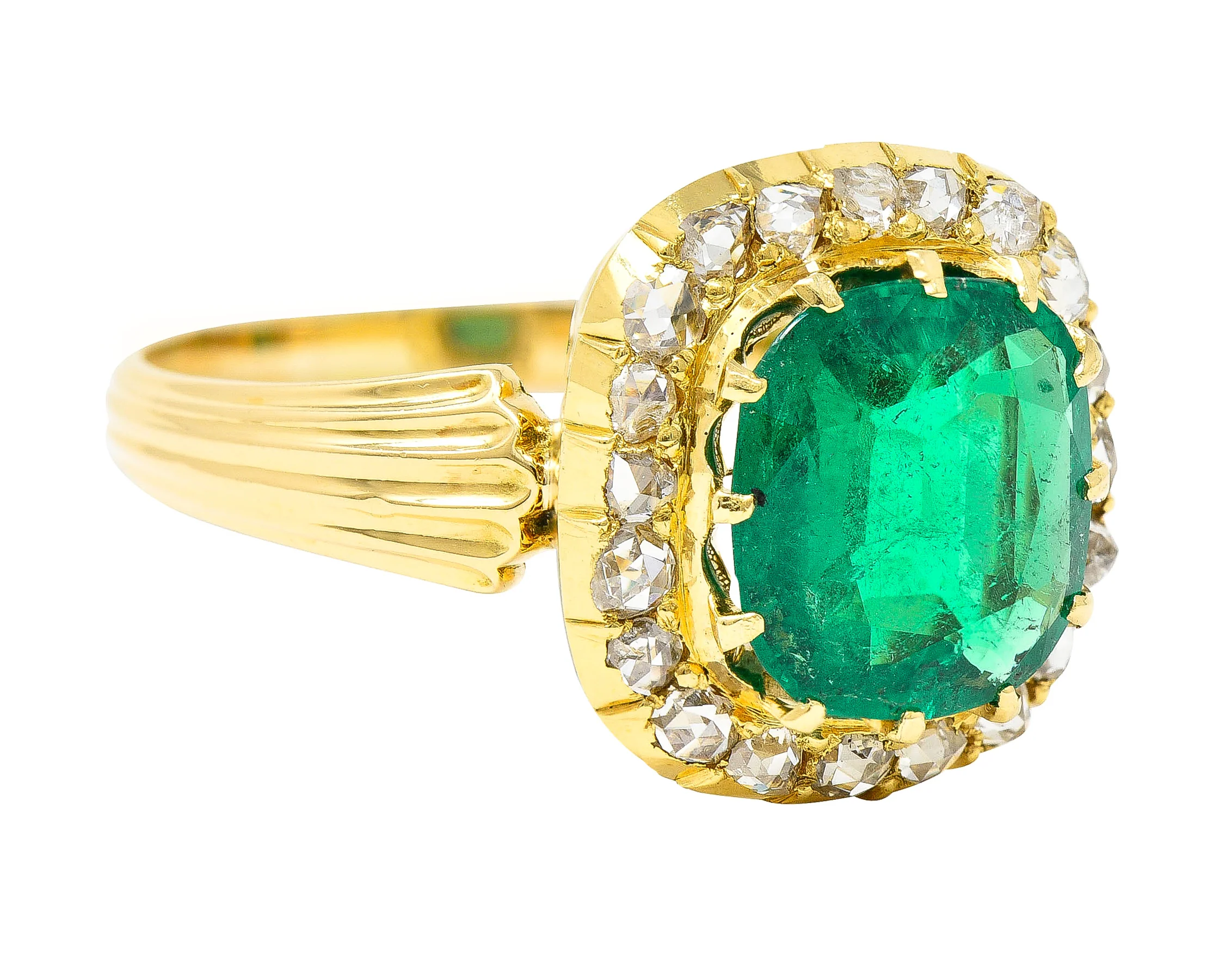 Victorian 2.78 CTW Cushion Cut Colombian Emerald Diamond 18 Karat Yellow Gold Antique Halo Ring AGL - Image 3