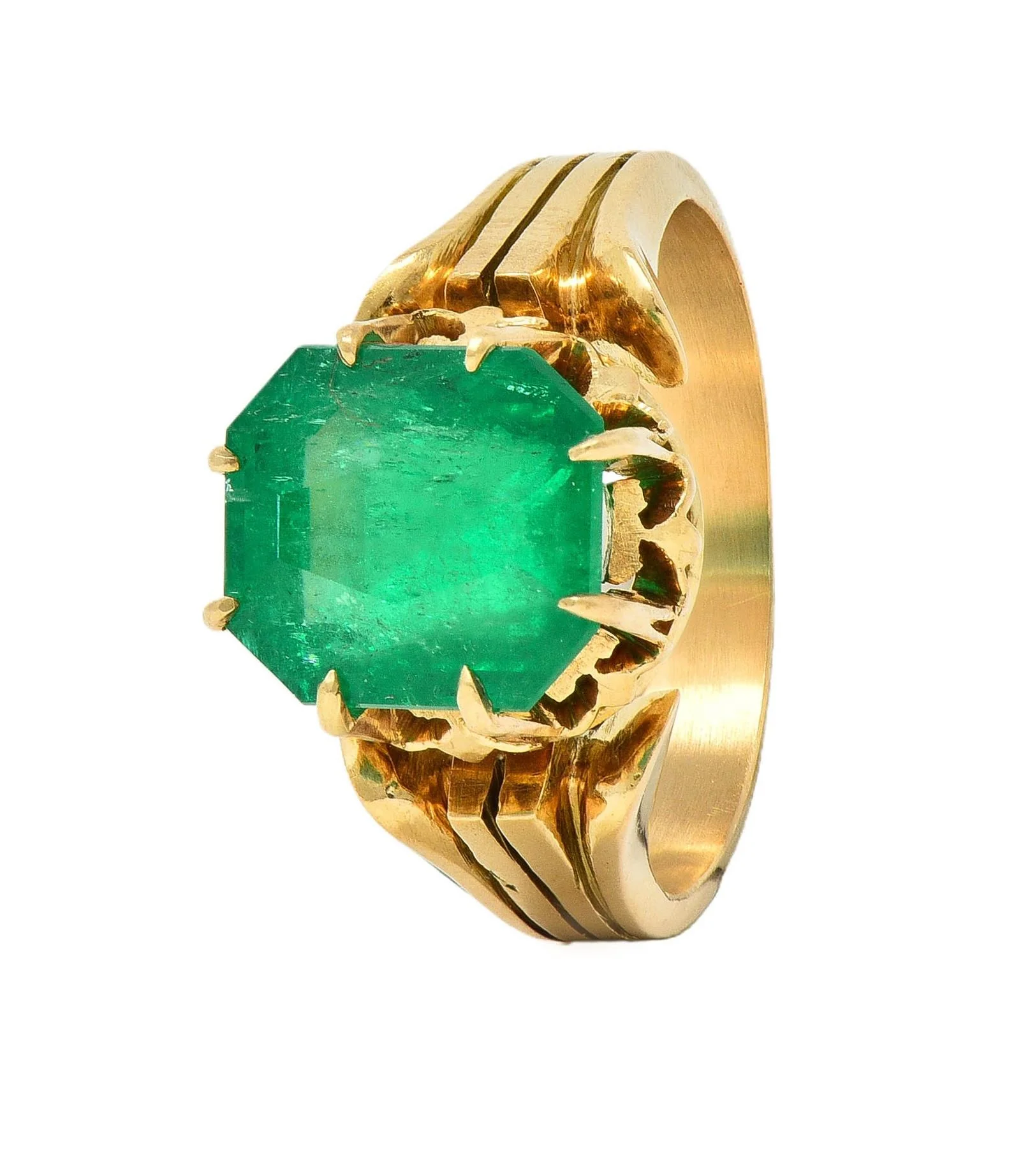 Victorian 3.60 CTW Colombian Emerald 14 Karat Yellow Gold Antique Crown Solitaire Ring GIA - Image 8