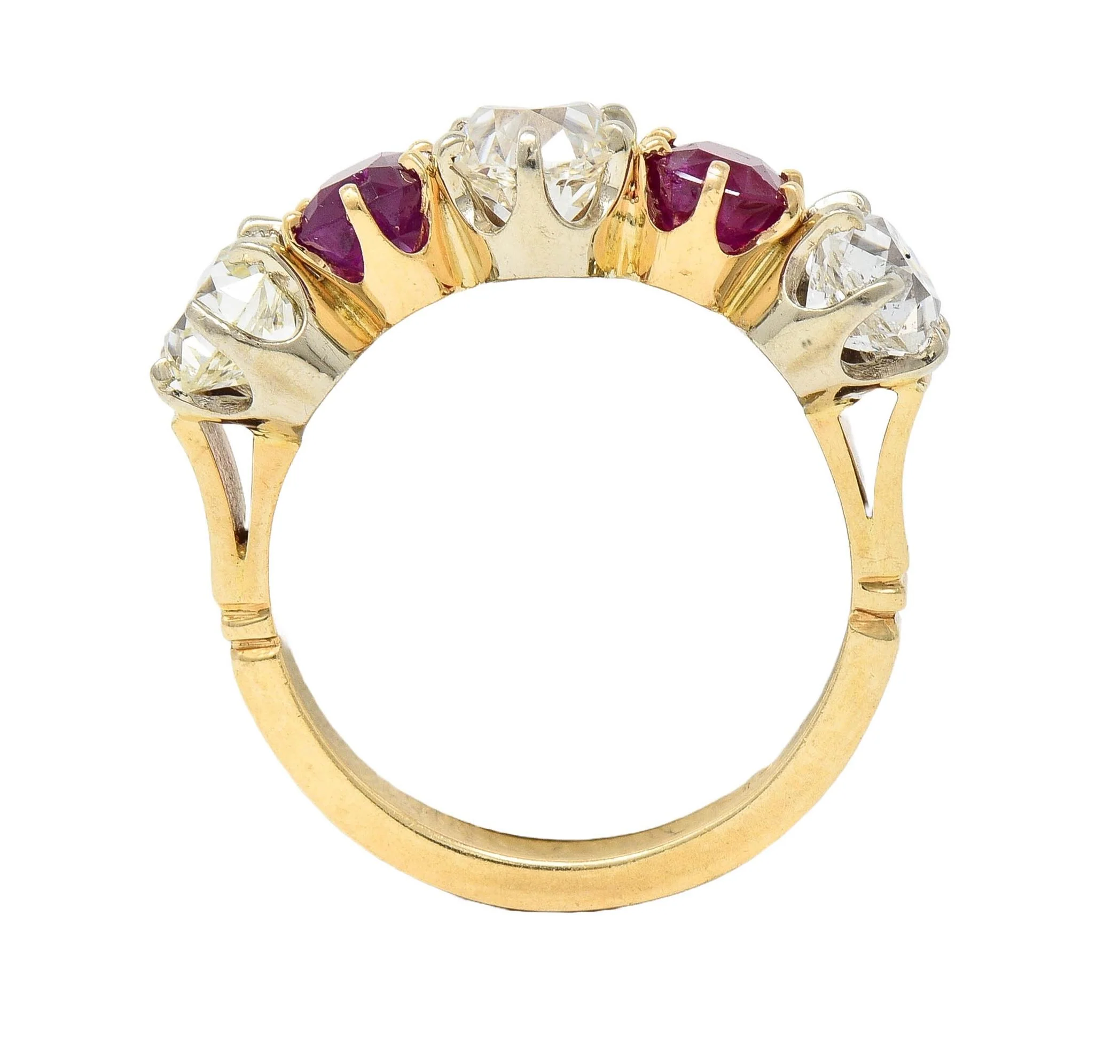 Victorian 3.62 CTW Ruby Old Mine Cut Diamond 14 Karat Two-Tone Gold Band Ring - Image 10