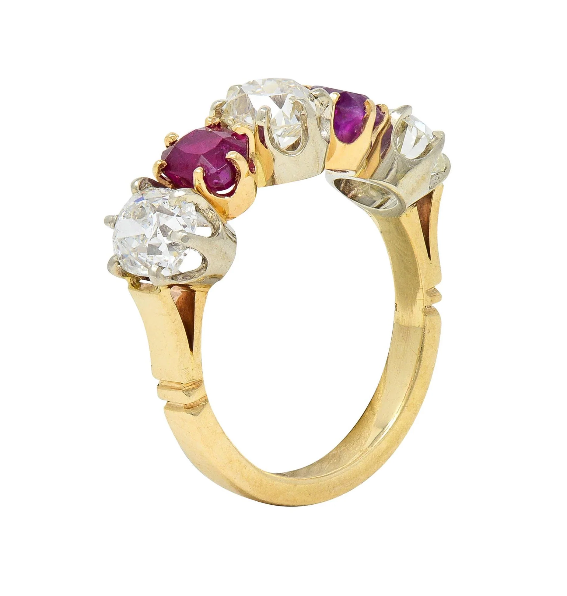 Victorian 3.62 CTW Ruby Old Mine Cut Diamond 14 Karat Two-Tone Gold Band Ring - Image 11