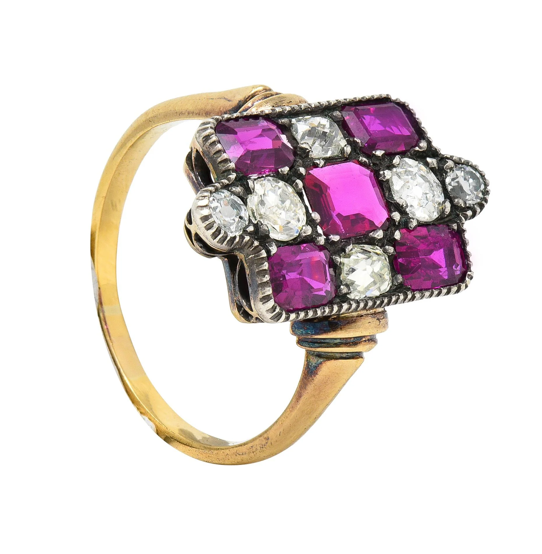 Victorian 3.74 CTW Diamond Ruby Silver 18 Karat Gold Checkerboard Navette Ring - Image 11