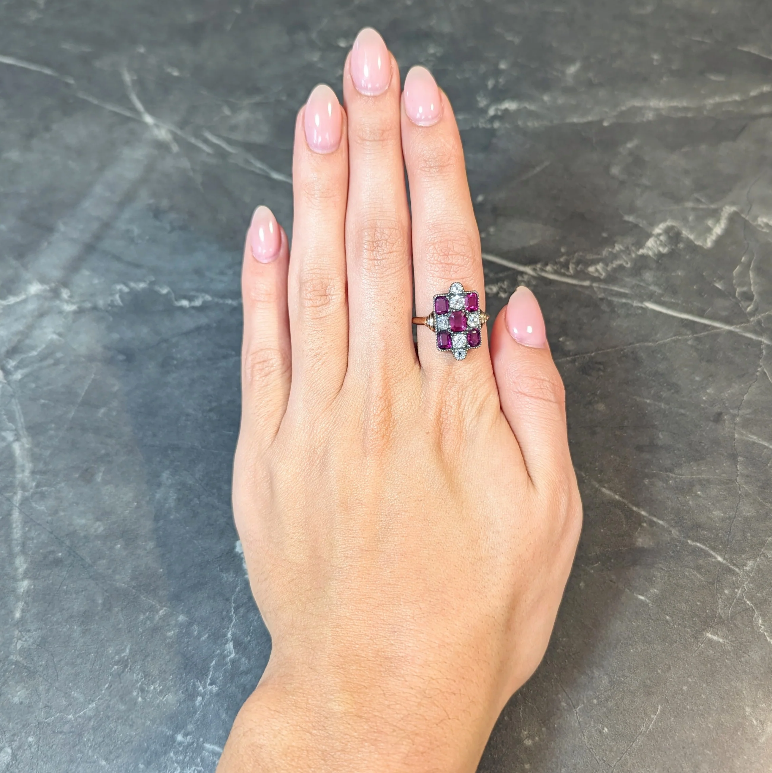 Victorian 3.74 CTW Diamond Ruby Silver 18 Karat Gold Checkerboard Navette Ring - Image 12