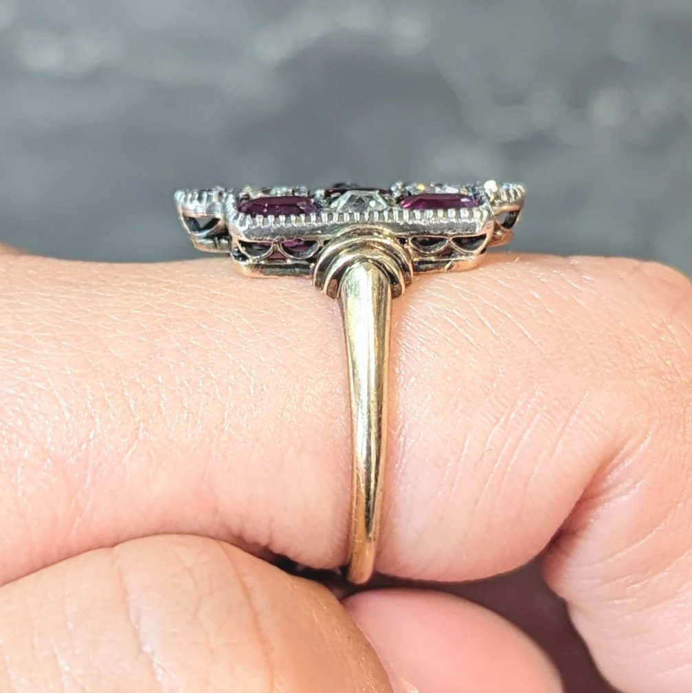 Victorian 3.74 CTW Diamond Ruby Silver 18 Karat Gold Checkerboard Navette Ring - Image 14