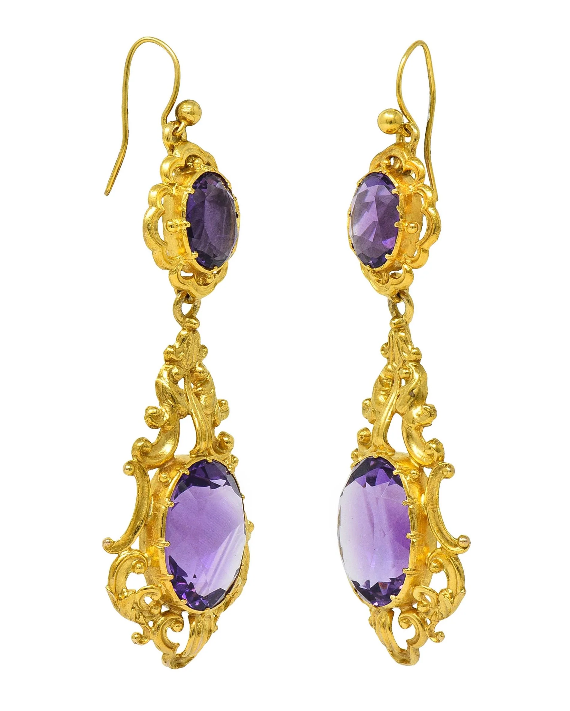 Victorian Amethyst 14 Karat Yellow Gold Antique Scrolling Drop Earrings - Image 6
