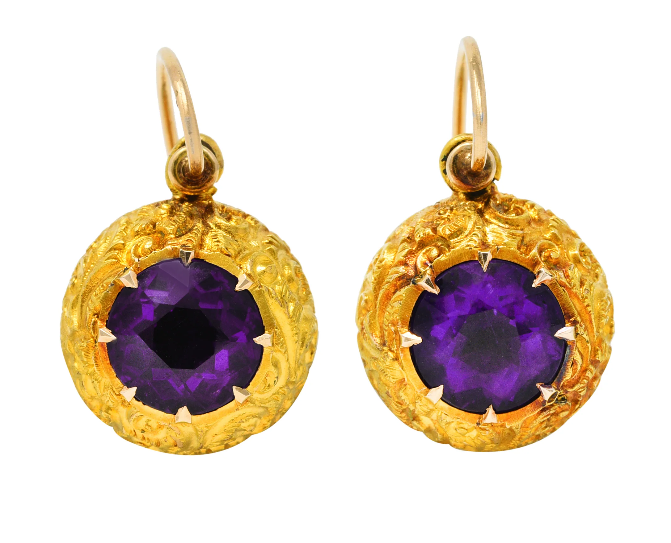 Victorian Amethyst 14 Karat Yellow Gold Repoussé Ball Antique Drop Earrings