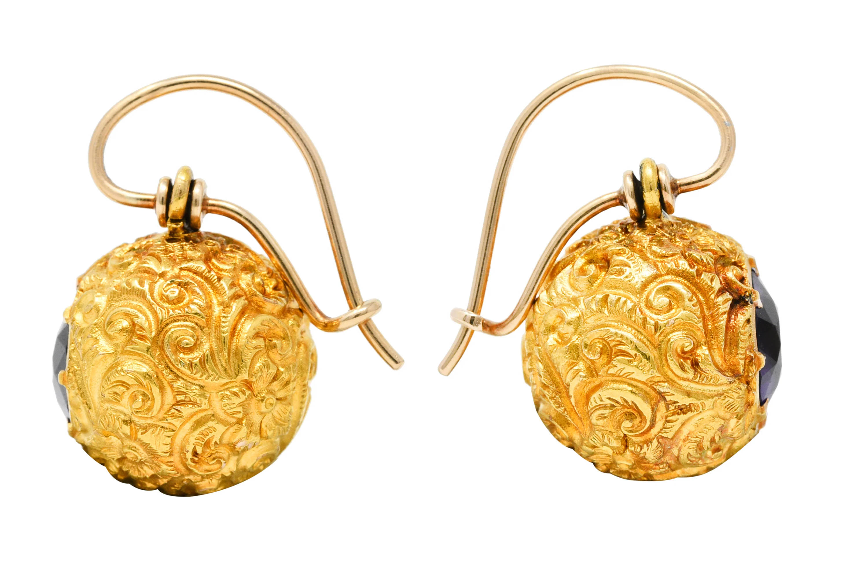 Victorian Amethyst 14 Karat Yellow Gold Repoussé Ball Antique Drop Earrings - Image 3