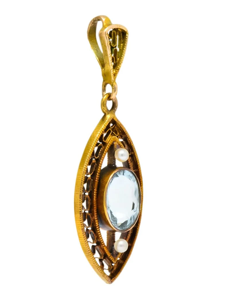 Victorian Aquamarine Seed Pearl 14 Karat Gold Pendant - Image 3