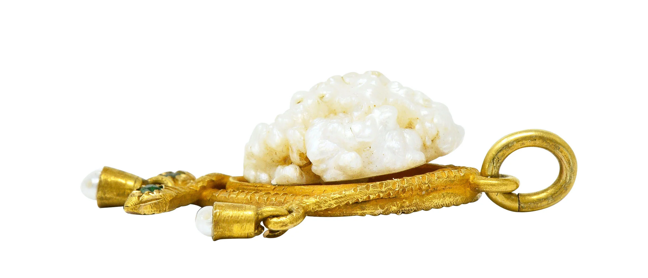 Victorian Baroque Pearl Demantoid Garnet 18 Karat Gold Snake Pendant Charm - Image 6