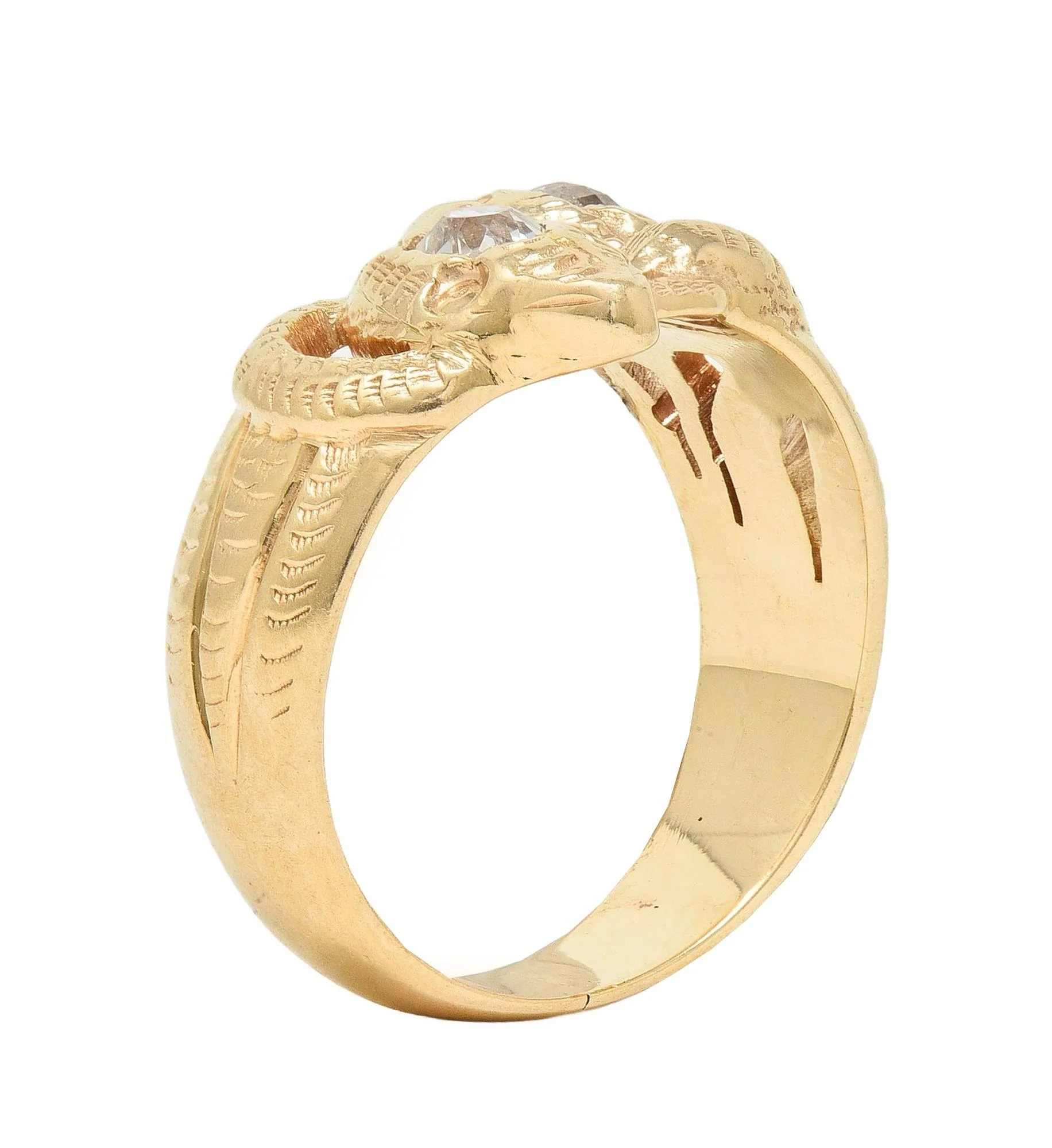 Victorian Diamond 14 Karat Yellow Gold Antique Lovers Knot Unisex Snake Band Ring - Image 10