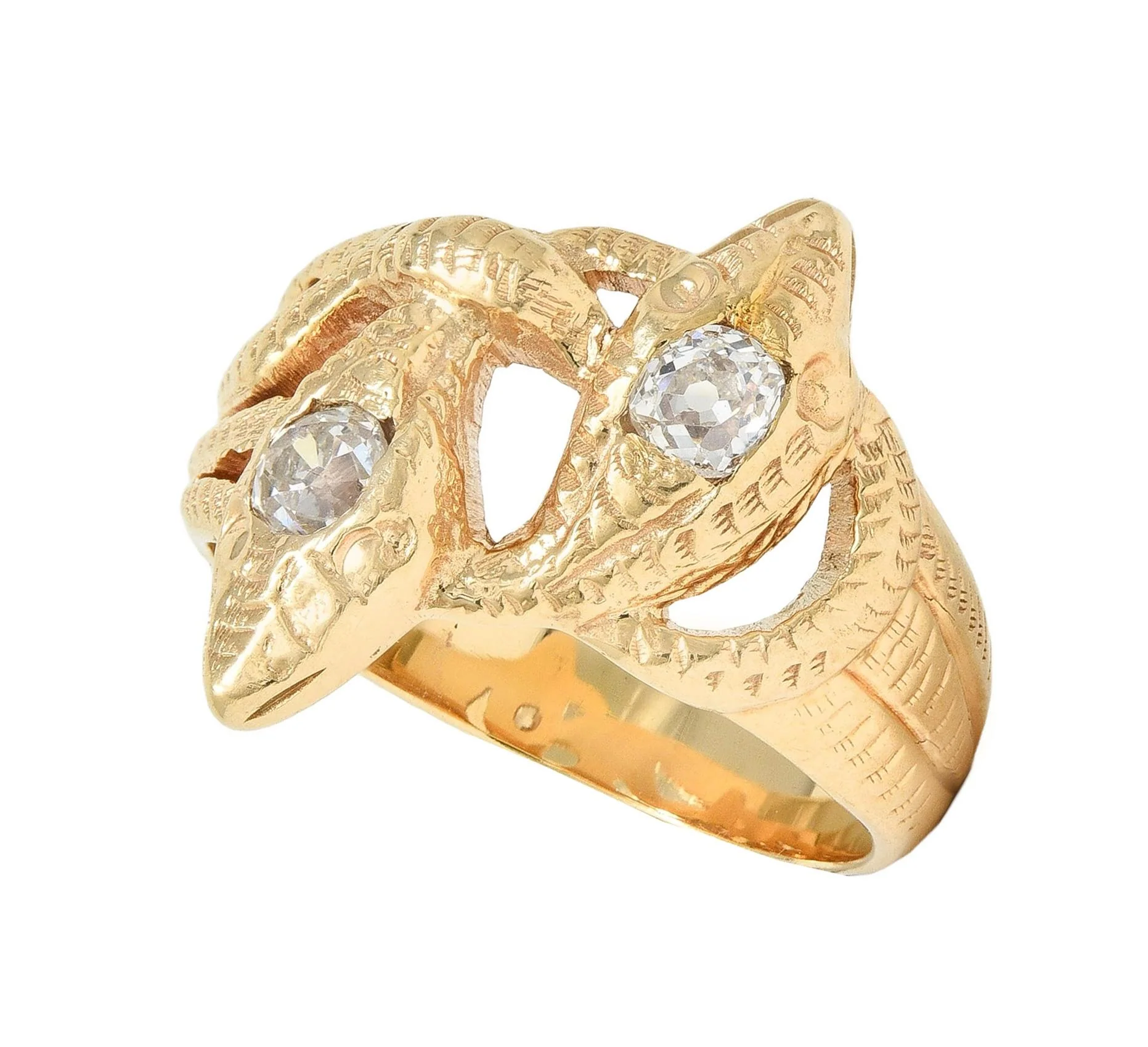 Victorian Diamond 14 Karat Yellow Gold Antique Lovers Knot Unisex Snake Band Ring - Image 11