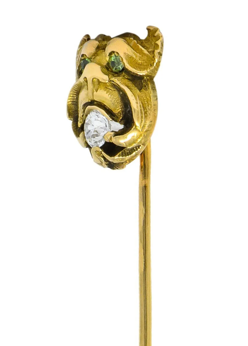 Victorian Diamond Demantoid Garnet 14 Karat Gargoyle Stickpin - Image 3
