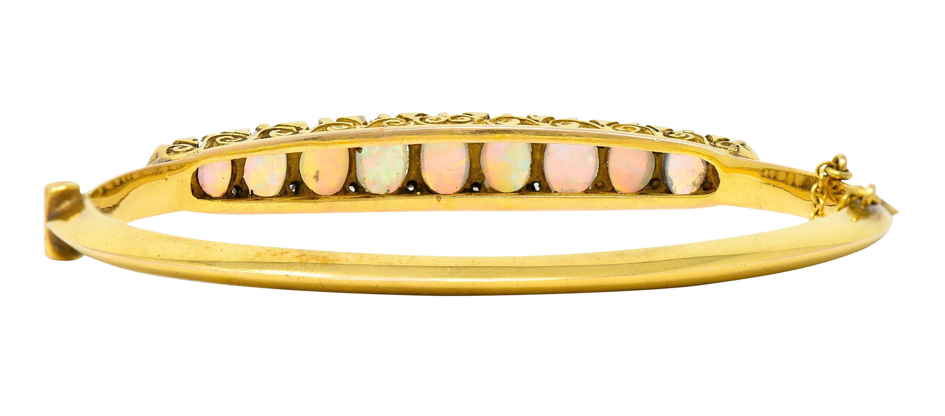 Victorian Diamond Opal 14 Karat Yellow Gold Scroll Antique Bangle Bracelet - Image 5