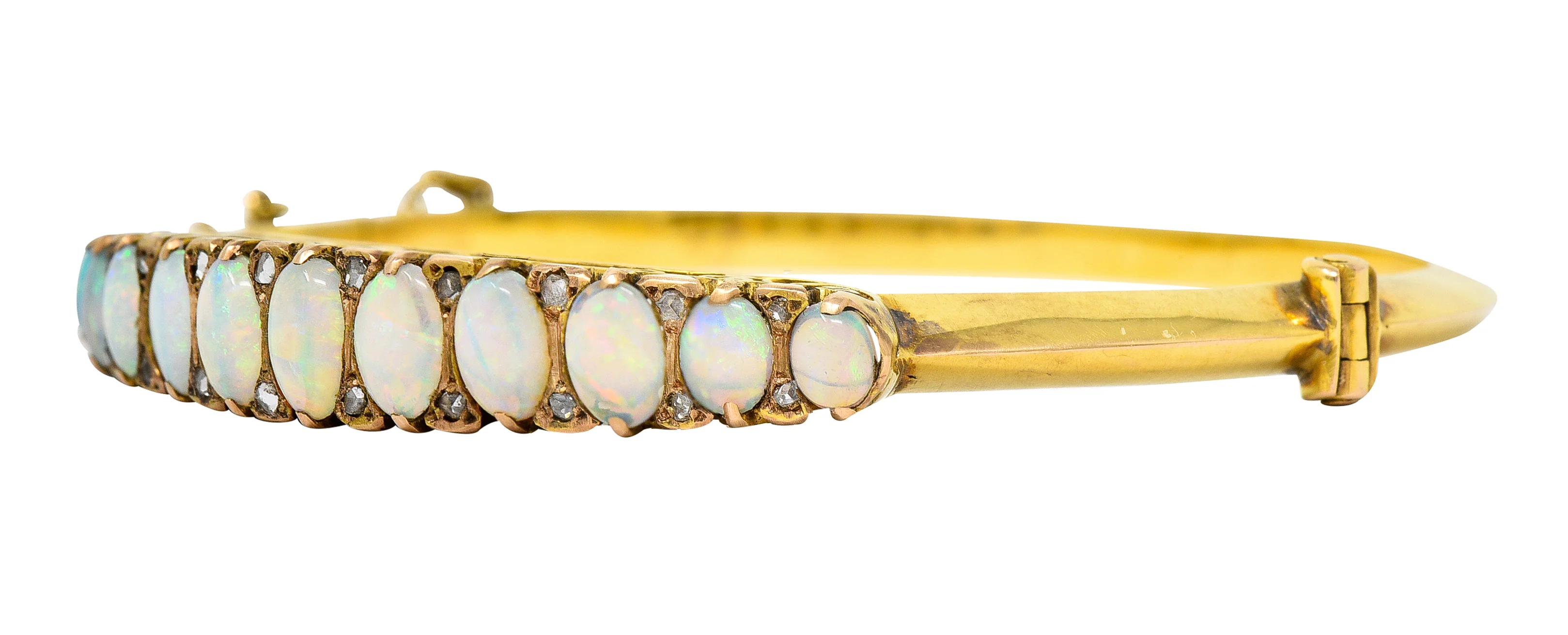Victorian Diamond Opal 14 Karat Yellow Gold Scroll Antique Bangle Bracelet - Image 7