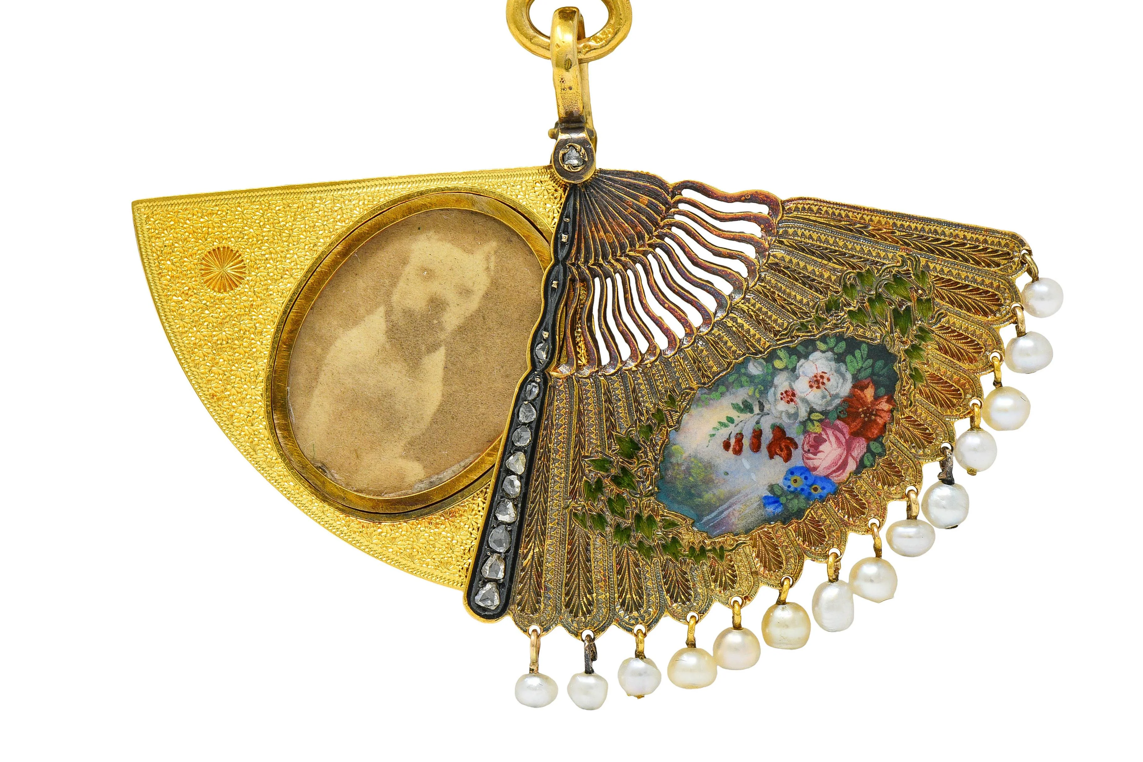 Victorian Diamond Pearl Enamel 18 Karat Yellow Gold Antique Scenic Dog Fan Locket Pendant Brooch - Image 10