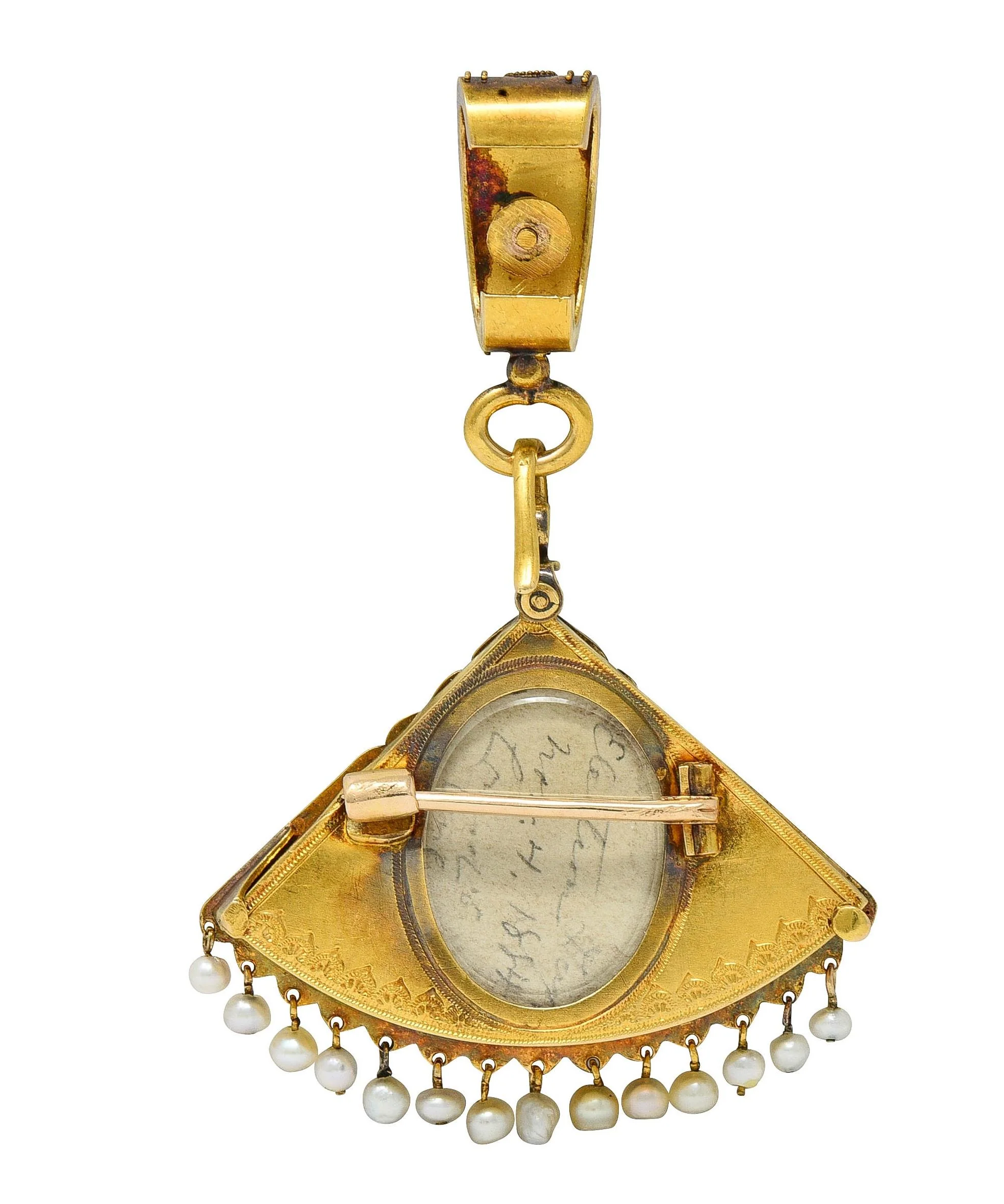 Victorian Diamond Pearl Enamel 18 Karat Yellow Gold Antique Scenic Dog Fan Locket Pendant Brooch - Image 4