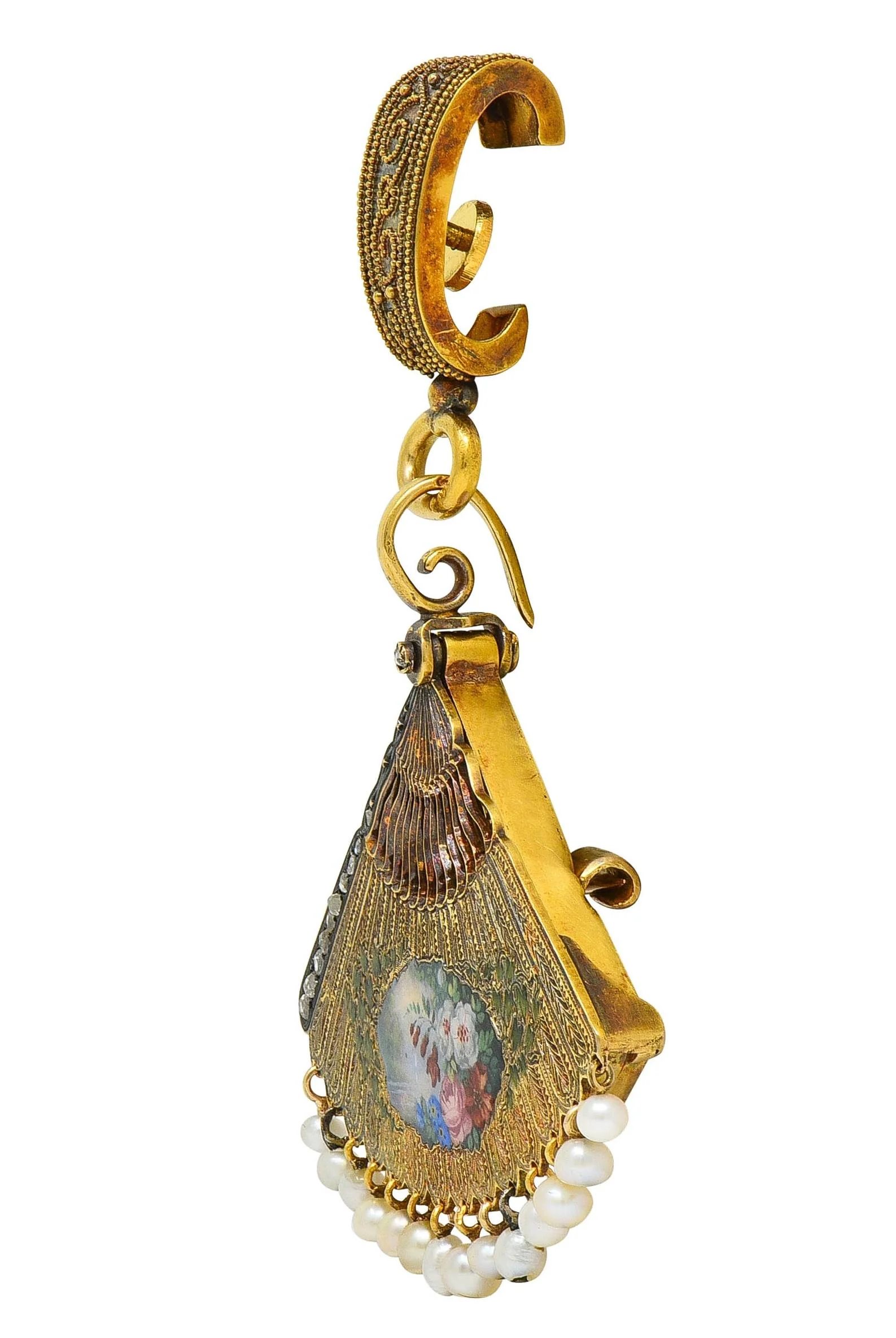 Victorian Diamond Pearl Enamel 18 Karat Yellow Gold Antique Scenic Dog Fan Locket Pendant Brooch - Image 5