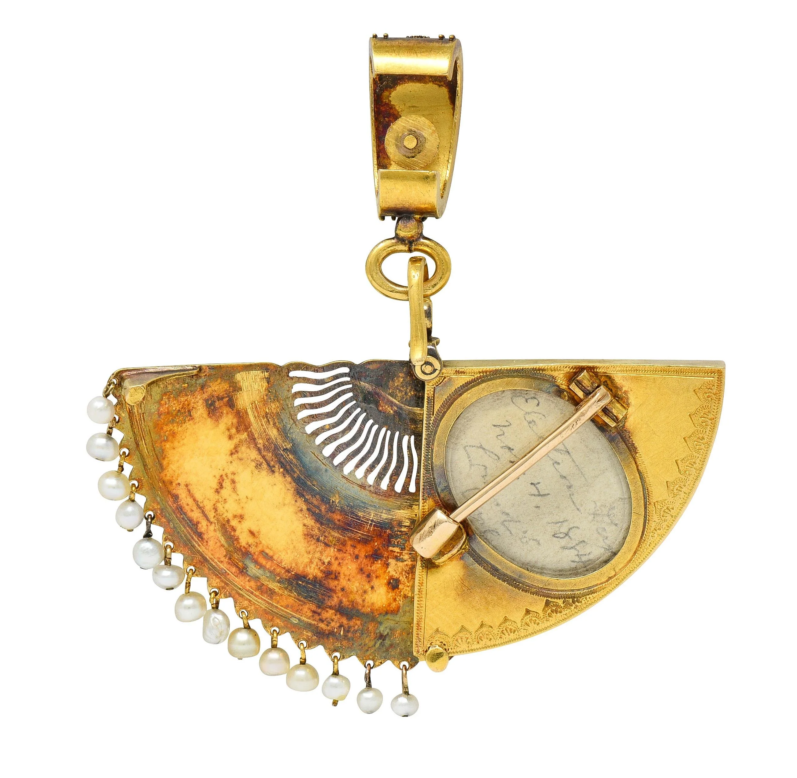 Victorian Diamond Pearl Enamel 18 Karat Yellow Gold Antique Scenic Dog Fan Locket Pendant Brooch - Image 6