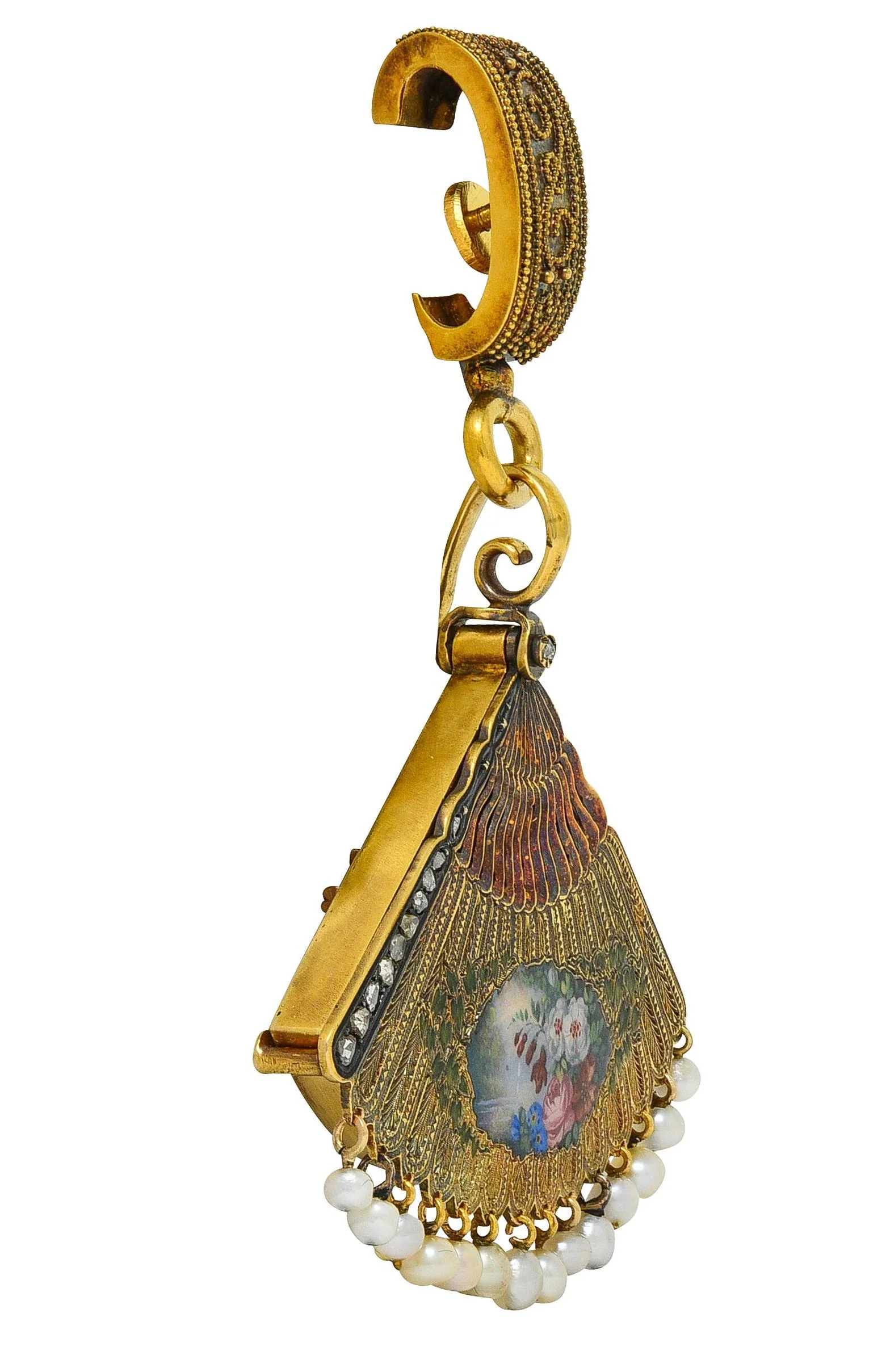Victorian Diamond Pearl Enamel 18 Karat Yellow Gold Antique Scenic Dog Fan Locket Pendant Brooch - Image 7
