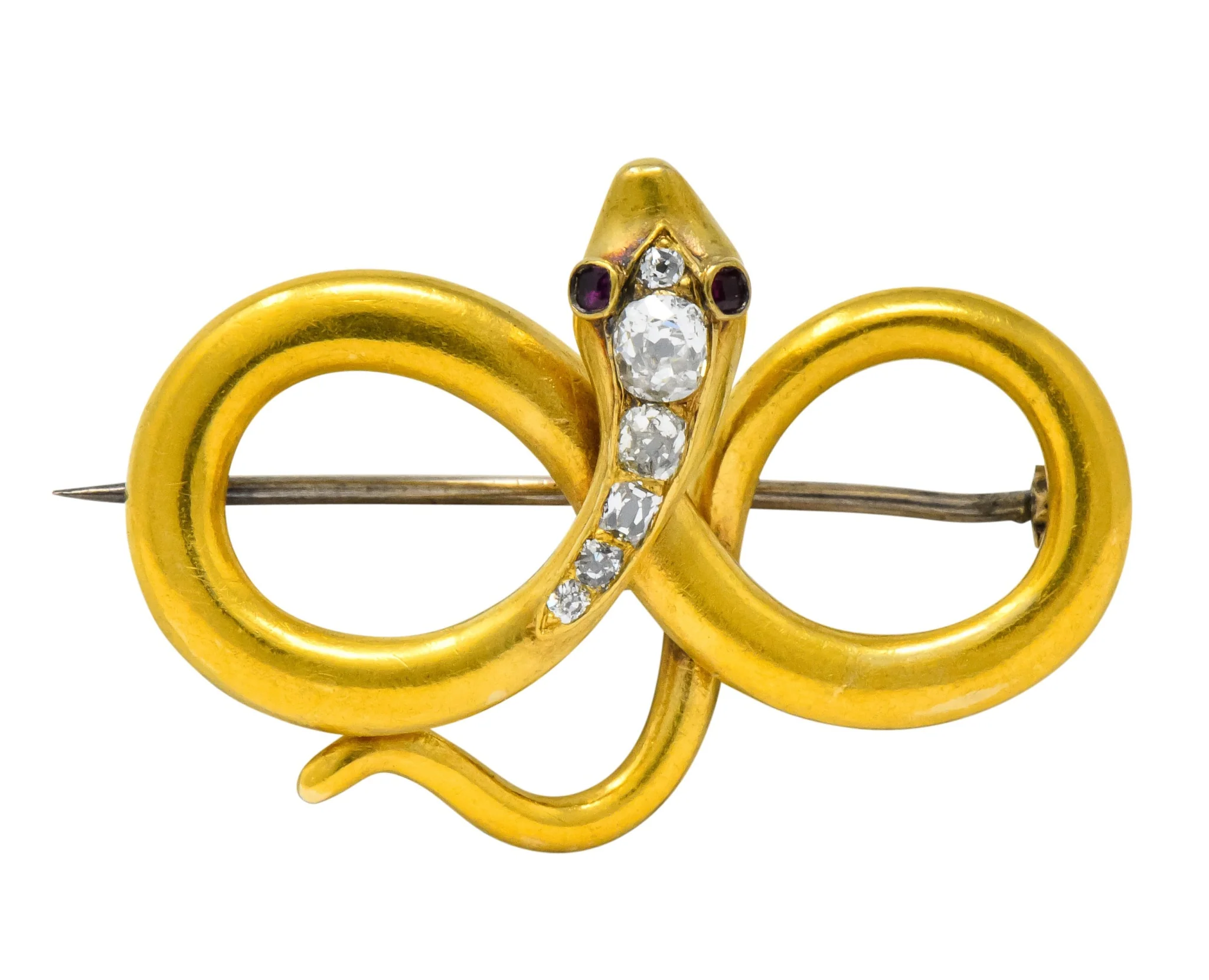 Victorian Diamond Ruby 18 Karat Gold Infinity Snake Brooch Circa 1900
