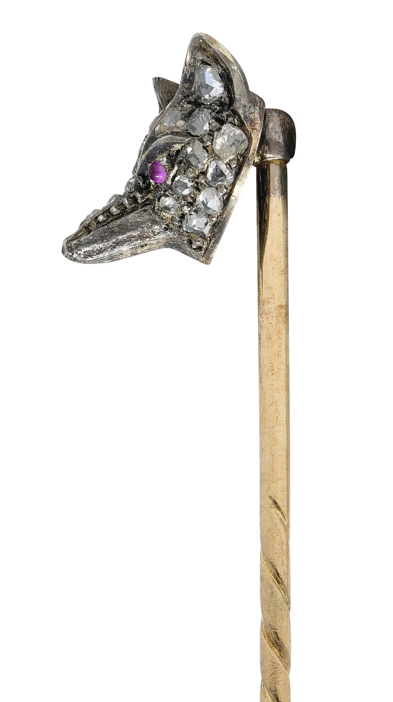 Victorian Diamond Ruby Silver 14 Karat Rose Gold Antique Fox Head Stickpin - Image 5