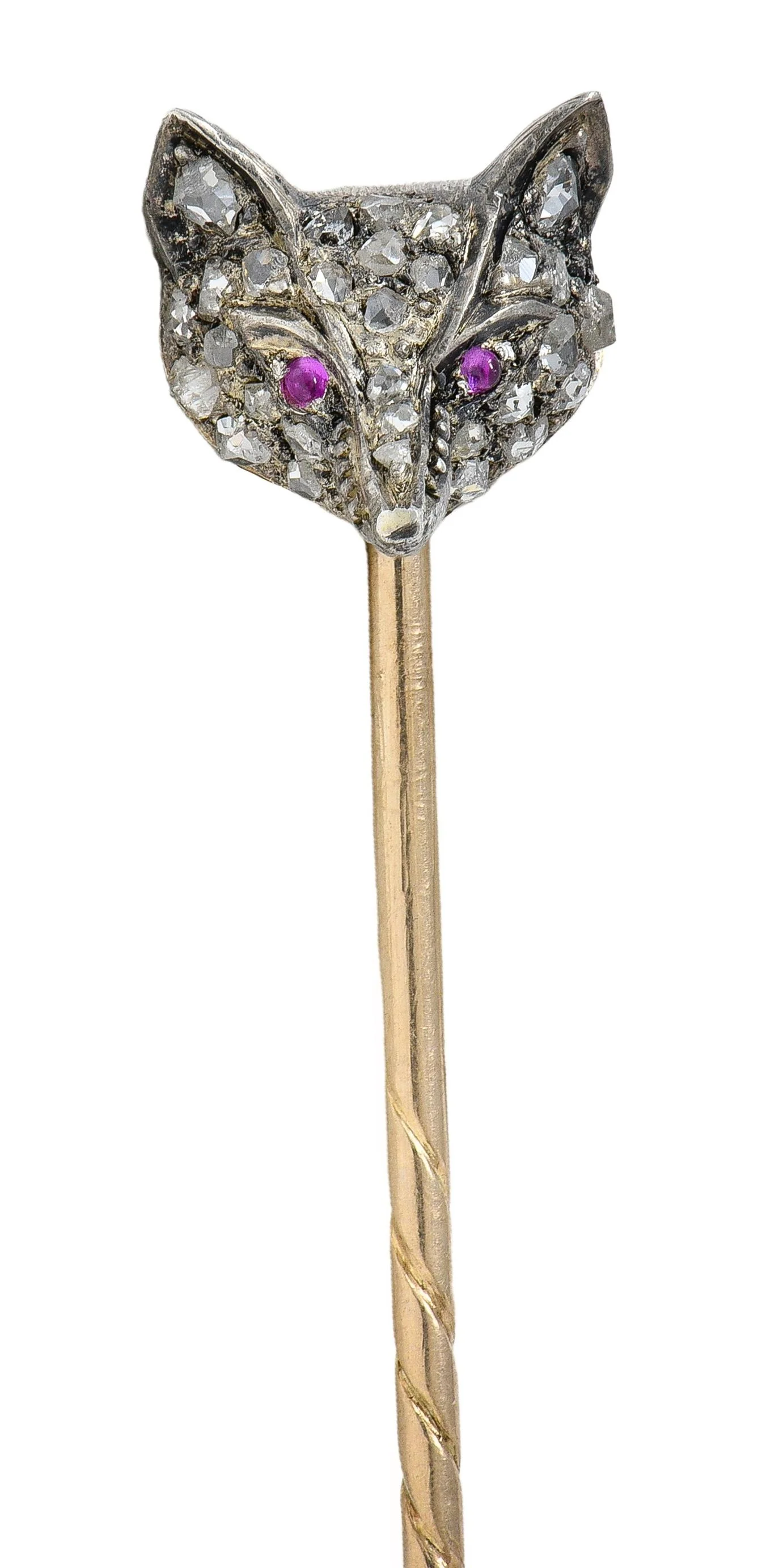 Victorian Diamond Ruby Silver 14 Karat Rose Gold Antique Fox Head Stickpin - Image 8