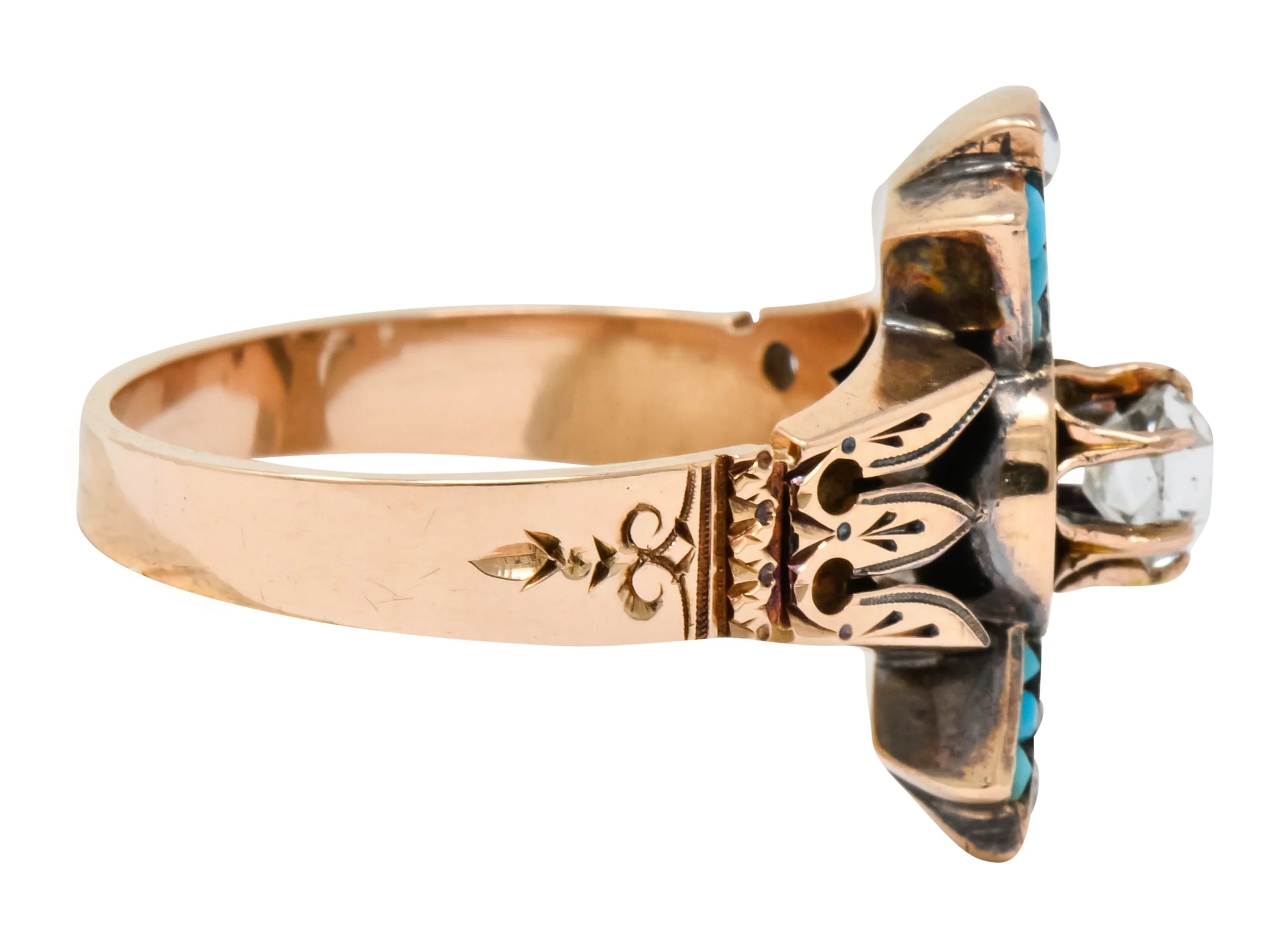 Victorian Diamond Turquoise 14 Karat Rose Gold Statement Ring - Image 3